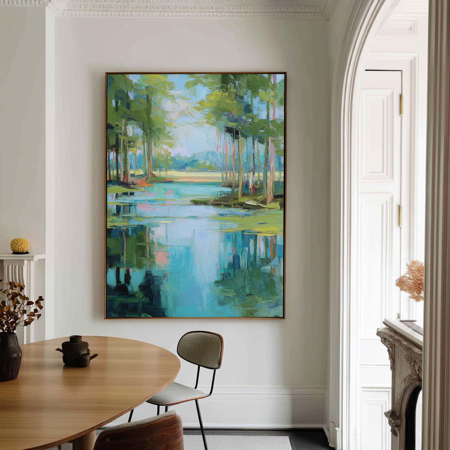 Abstract Forest Lake Canvas Wall Art - Blue & Green Nature Print #AA 308