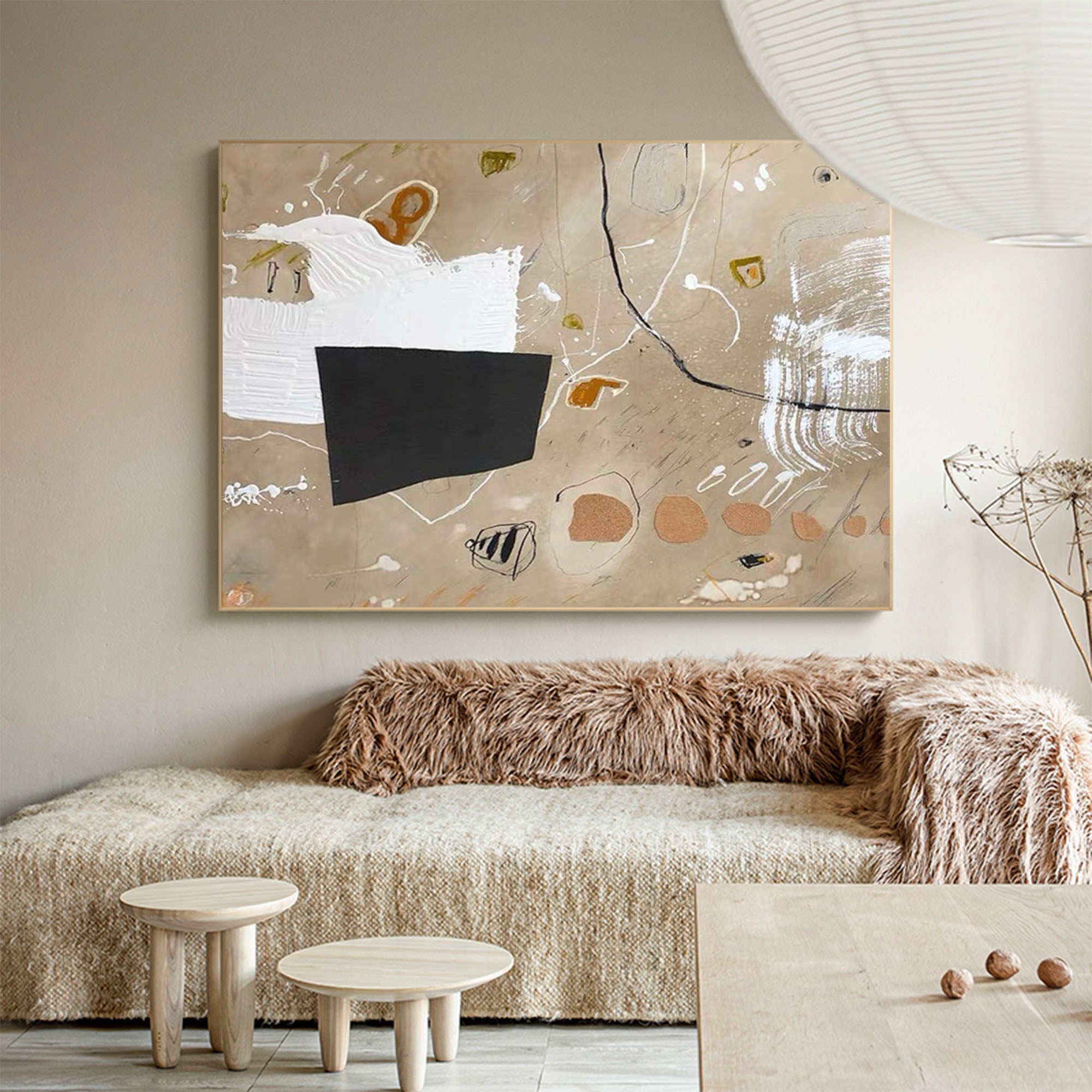 Earth Tone Abstract Wall Art | Warm Beige & Black Canvas #AA 407