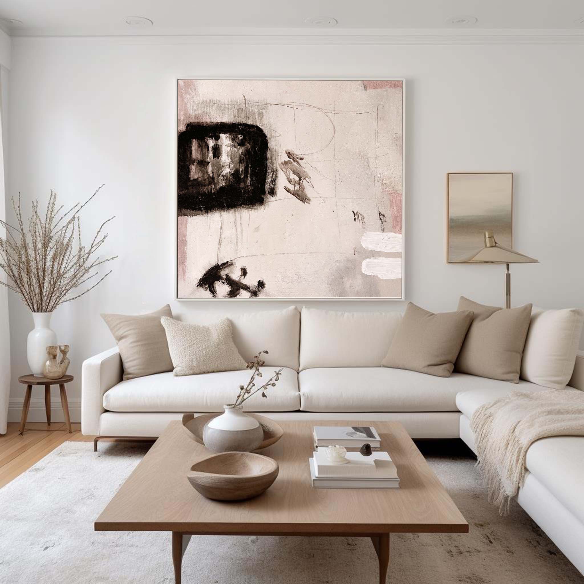 Blush Pink and Black Abstract Canvas Art | Modern Neutral Wall Decor #AA 408