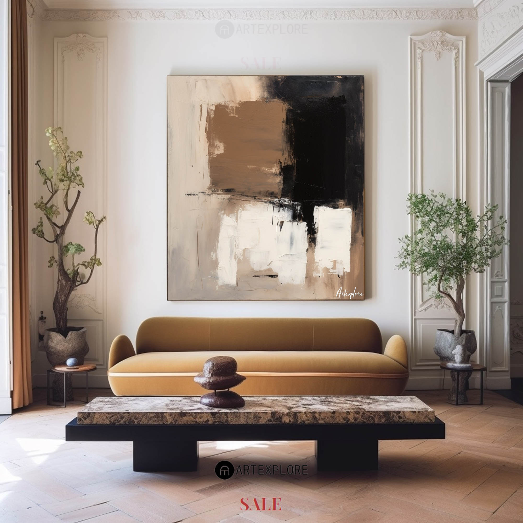 Black, Beige & Brown Abstract Canvas | Large Square Neutral Art #AA 404