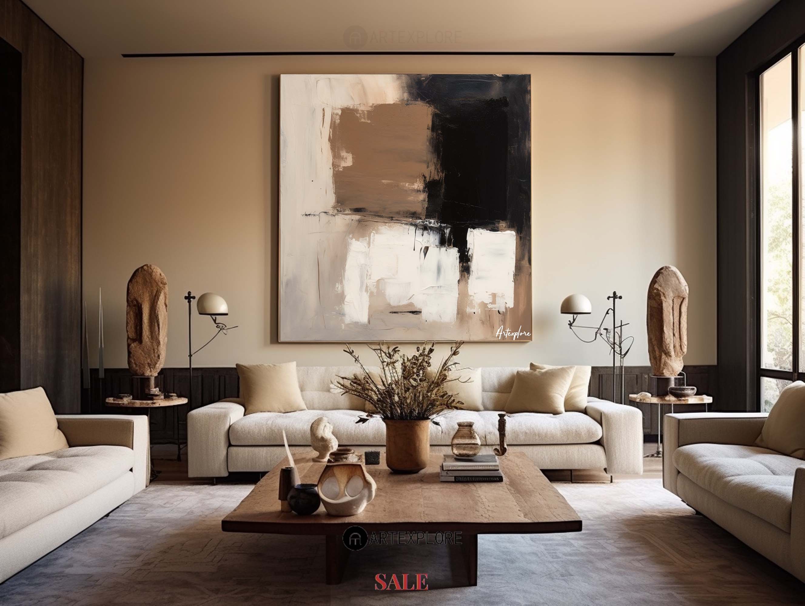 Black, Beige & Brown Abstract Canvas | Large Square Neutral Art #AA 404
