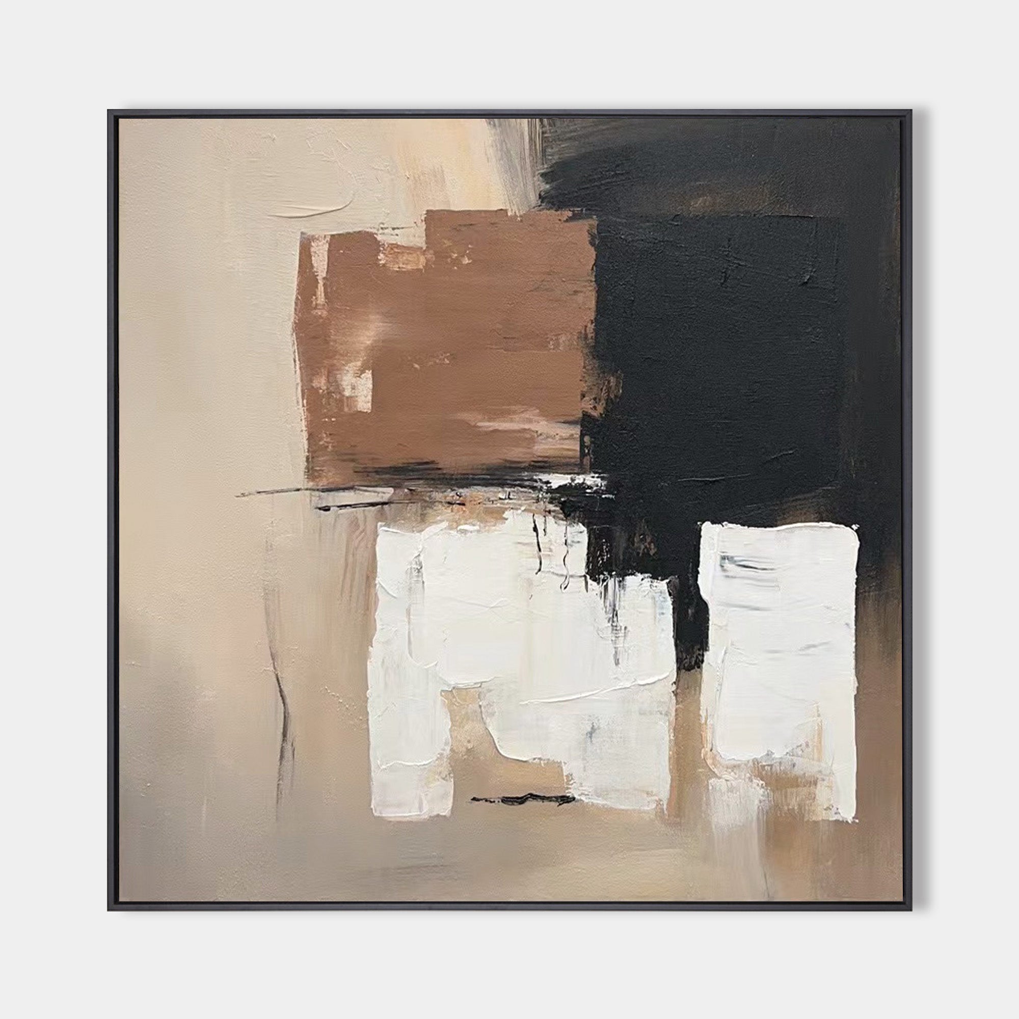 Black, Beige & Brown Abstract Canvas | Large Square Neutral Art #AA 404