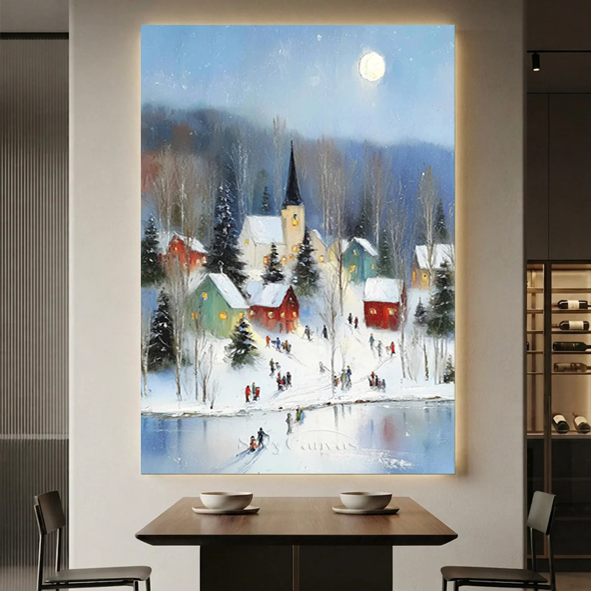 Moonlit-Winter-Village-Art-for-elegant-restaurant-wall-decor-01.webp