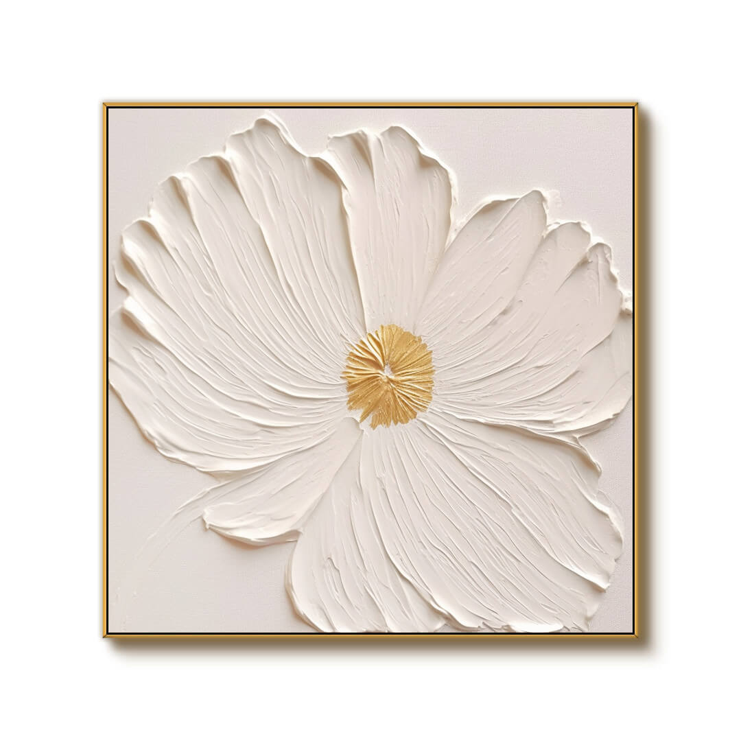 Textured 3D White Flower Art | Gold Accent Painting #AA 067