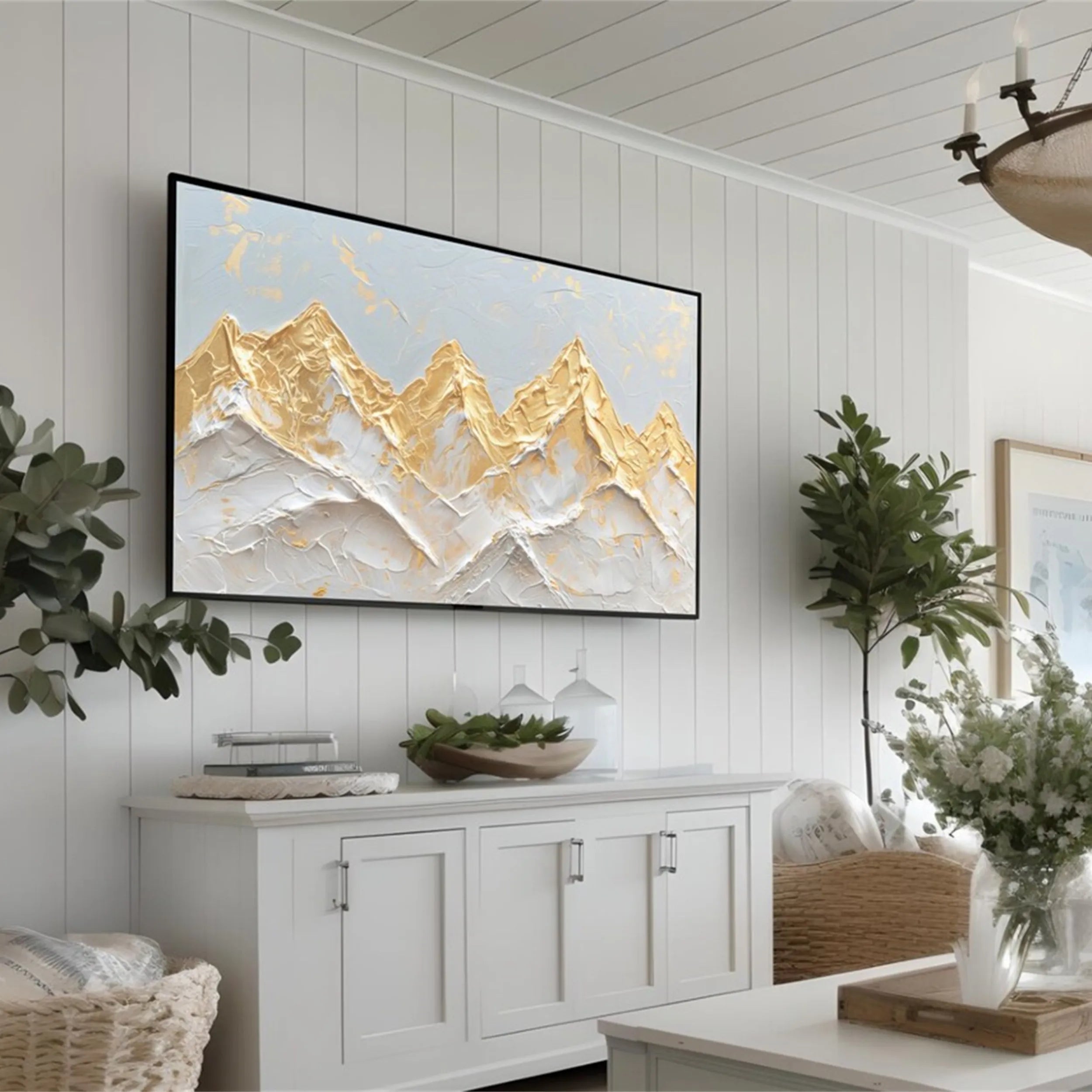 Golden White Abstract Mountain Textured Landscape Oil Painting #JJ 352