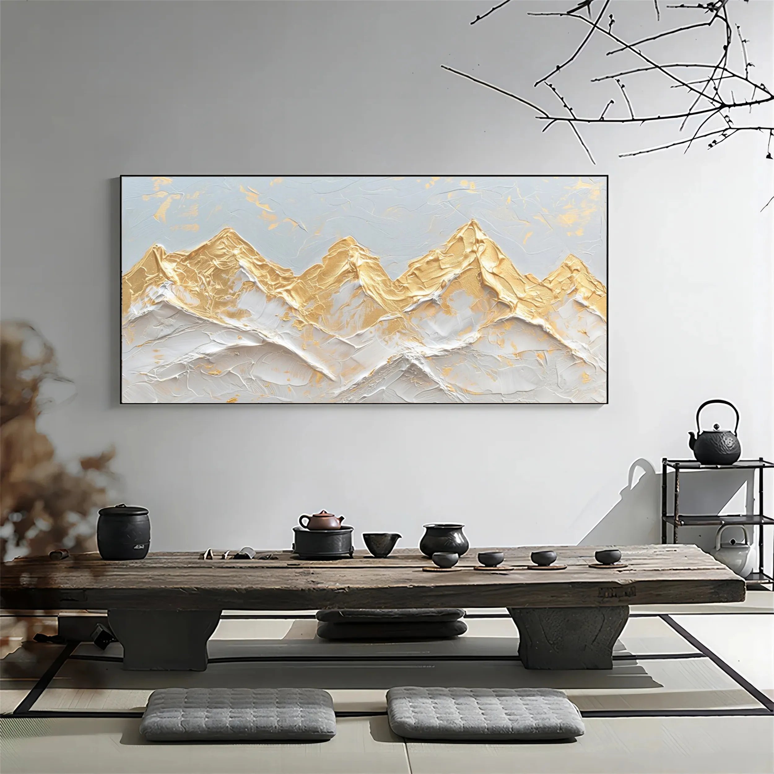 Golden White Abstract Mountain Textured Landscape Oil Painting #JJ 352