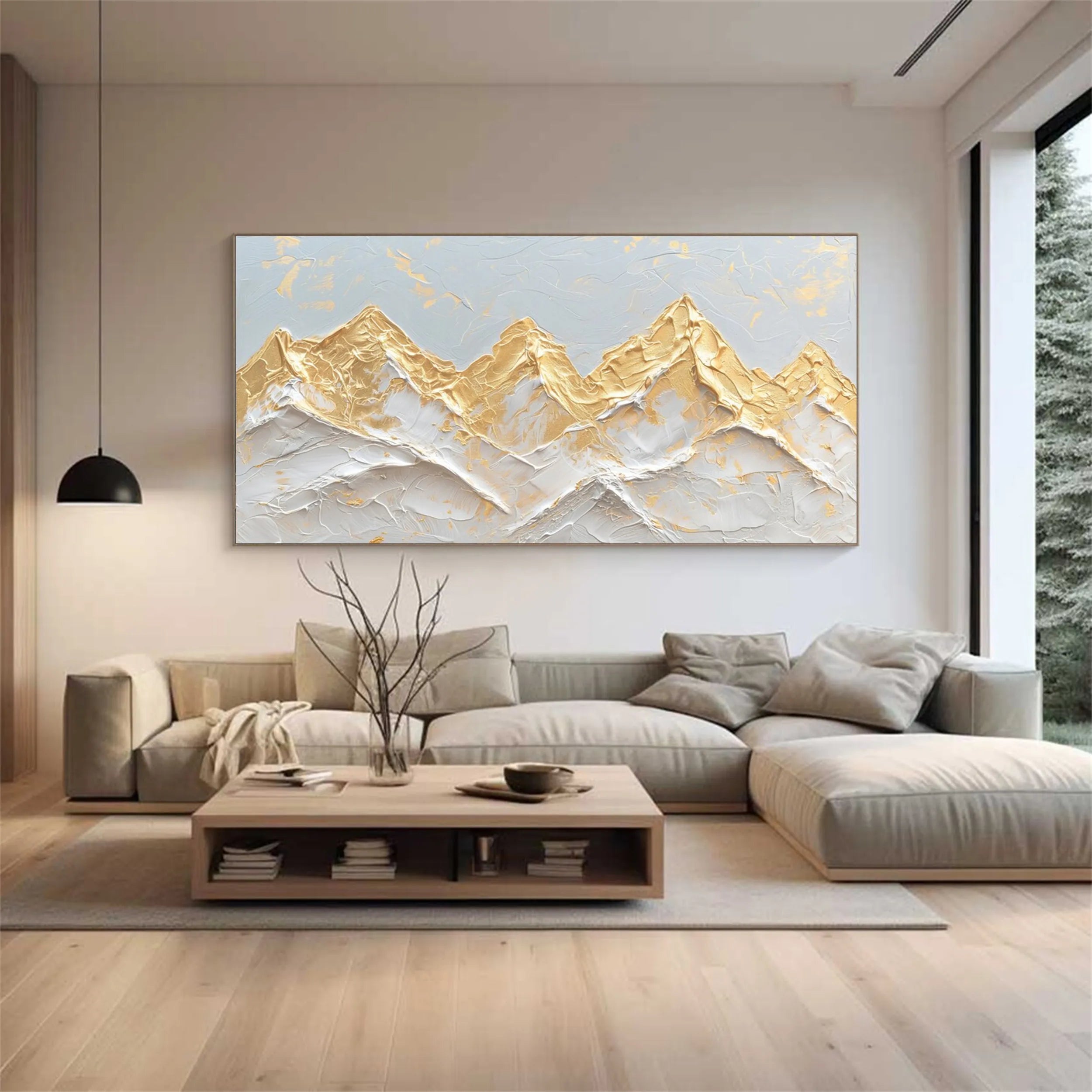Golden White Abstract Mountain Textured Landscape Oil Painting #JJ 352