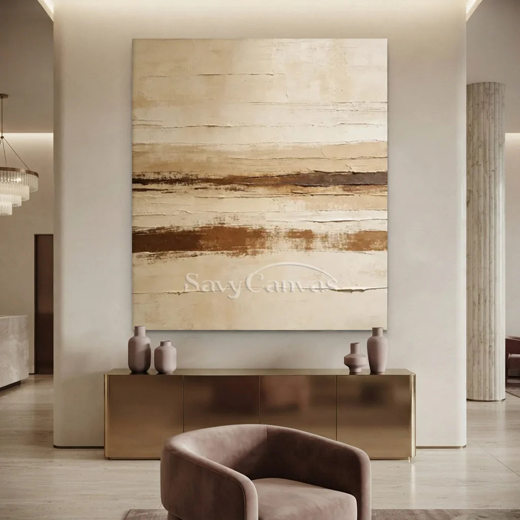 Hand-painted Wabi Sabi minimalist abstract oil painting featuring horizontal palette knife textures in warm beige, cream, and earthy brown for modern home decor