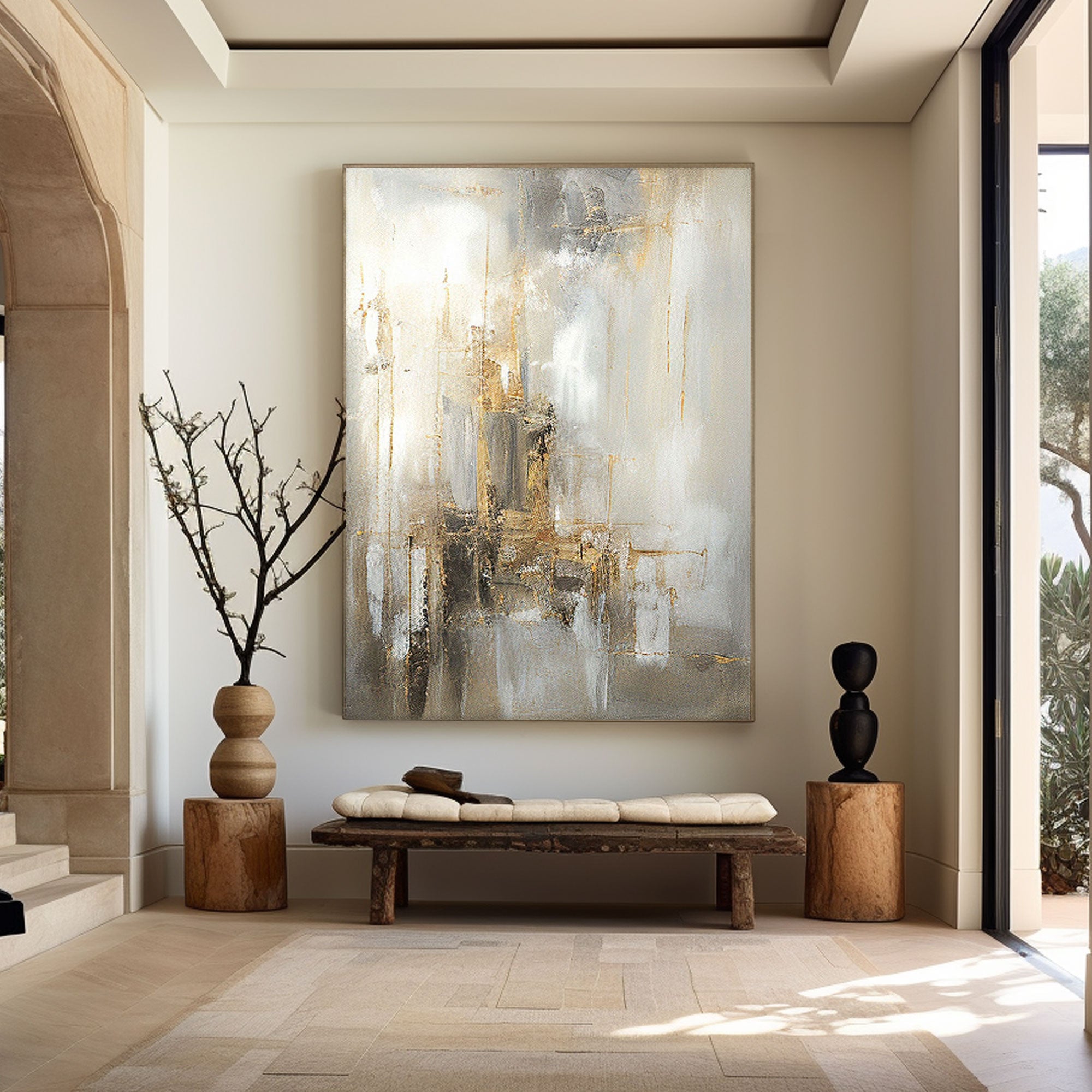 Grey, White, and Gold Abstract Art | Large Canvas