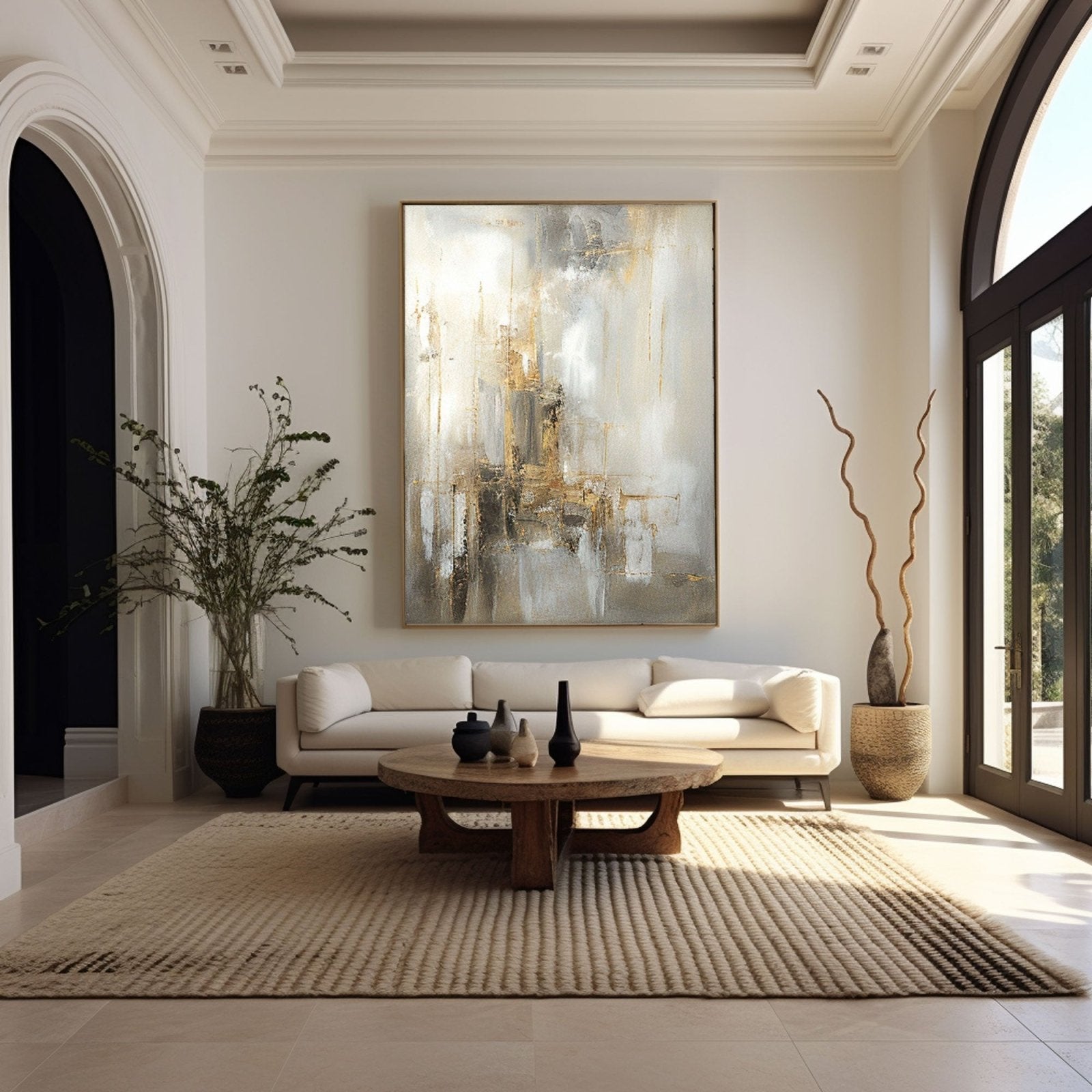 Hand-Painted Gold & White Abstract Oil Painting #TC 217