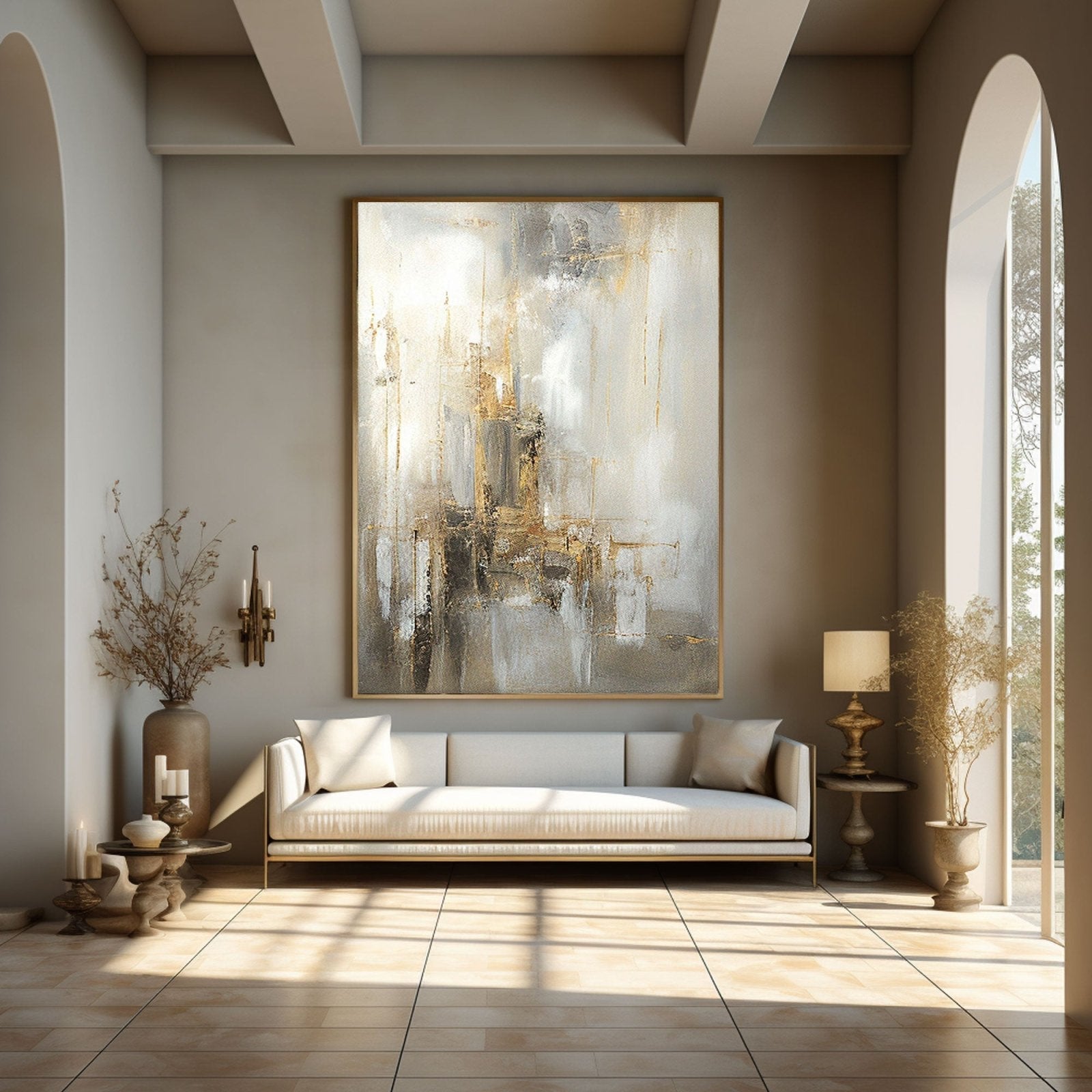 Hand-Painted Gold & White Abstract Oil Painting #TC 217