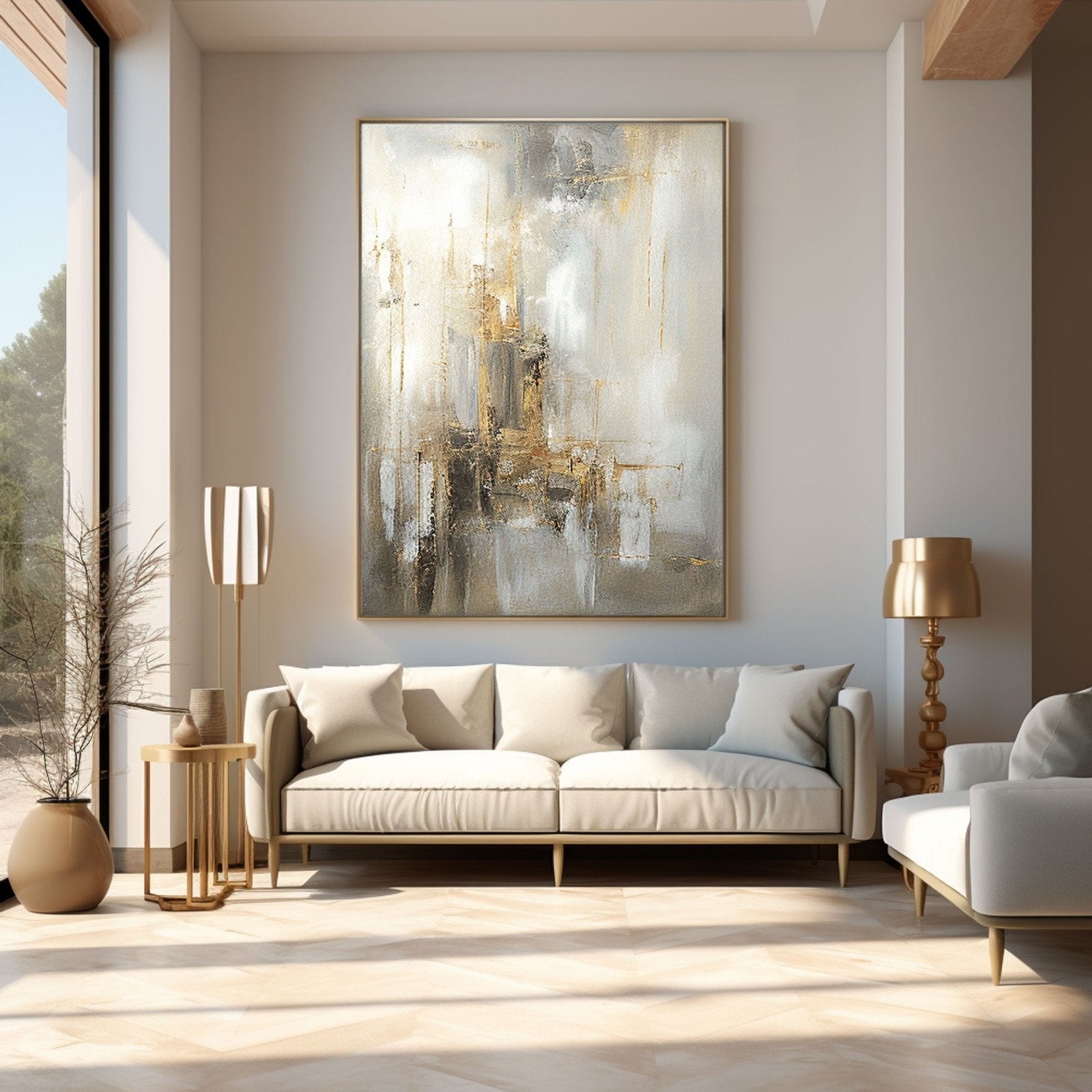 Hand-Painted Gold & White Abstract Oil Painting #TC 217