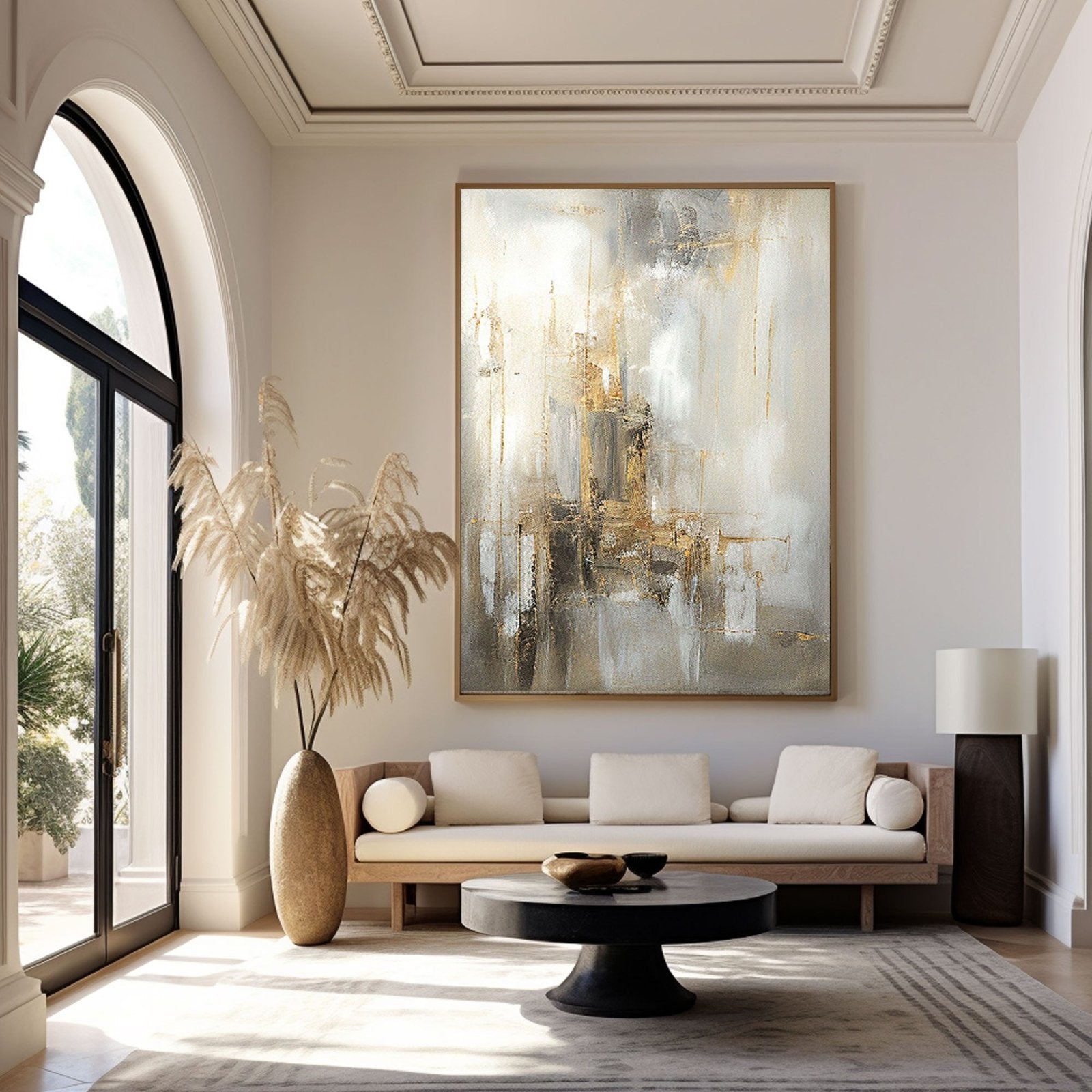 Hand-Painted Gold & White Abstract Oil Painting #TC 217