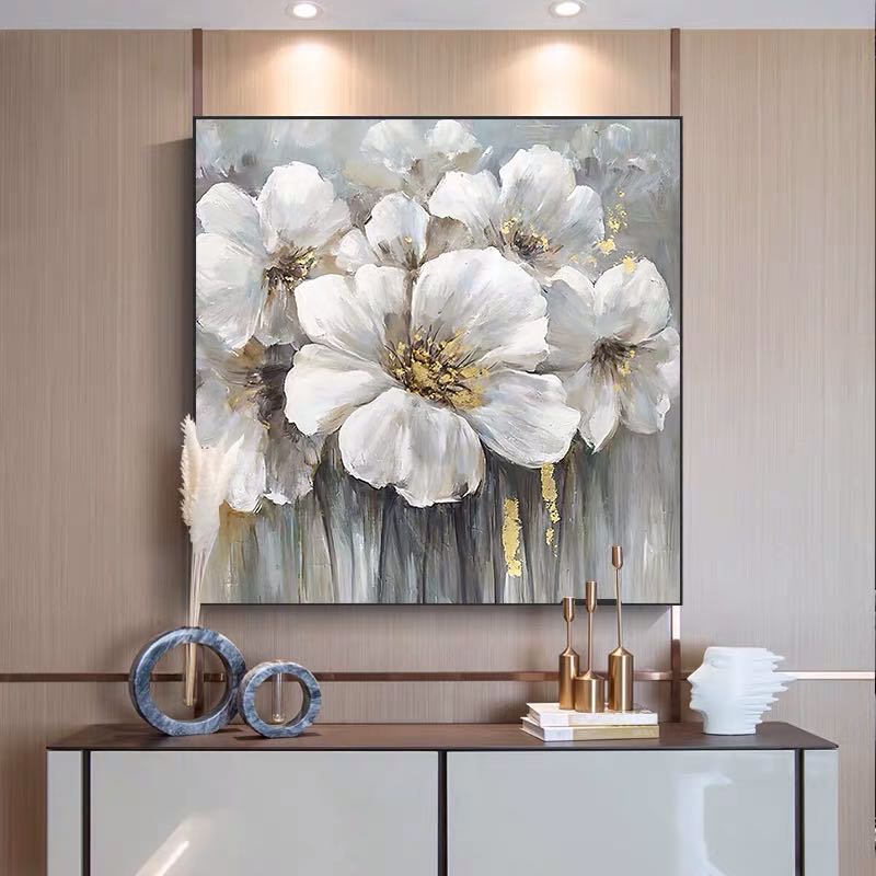 Hand-Painted White Flower Oil Painting