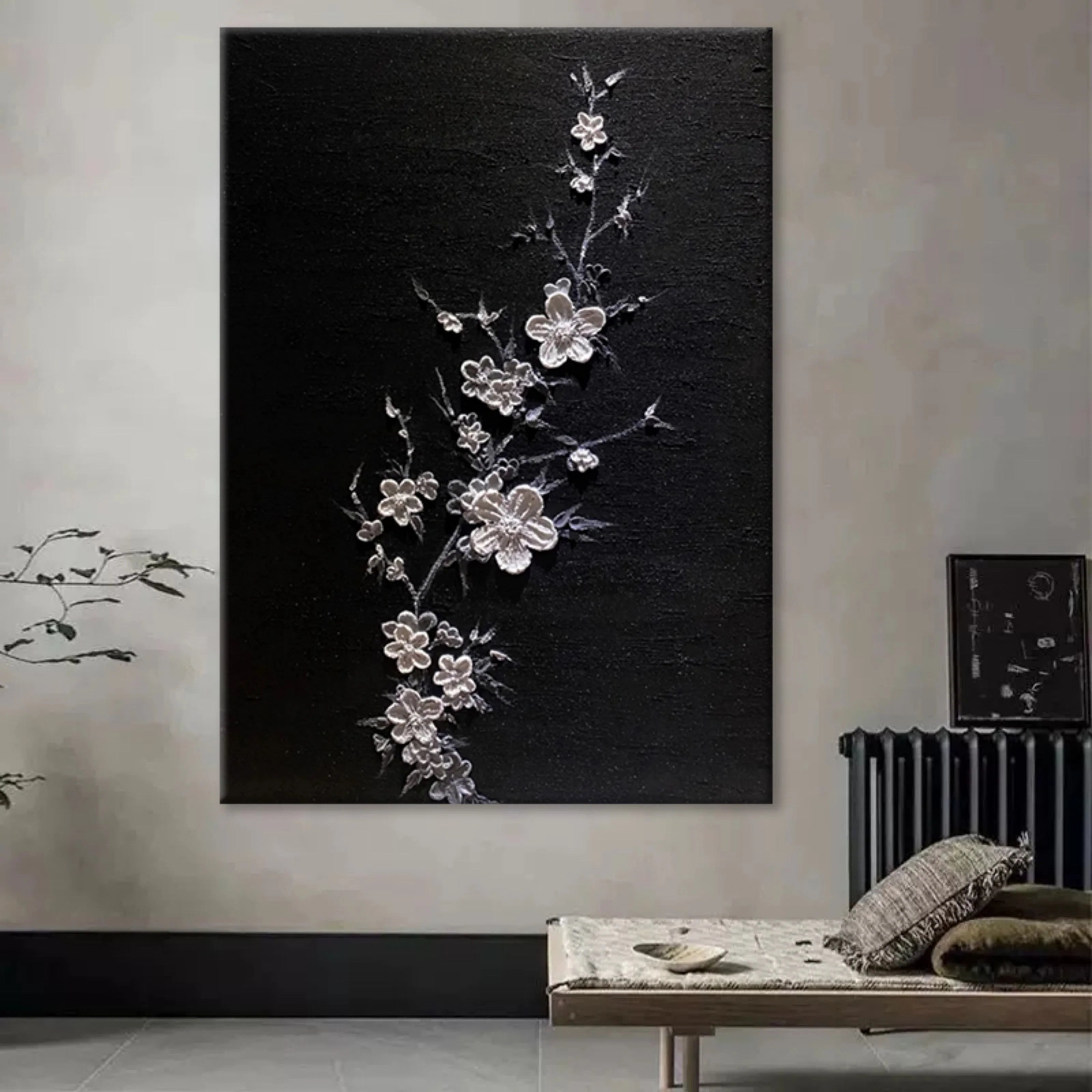 Oversized Vertical Wall Art | Textured White Flowers Painting Black Canvas