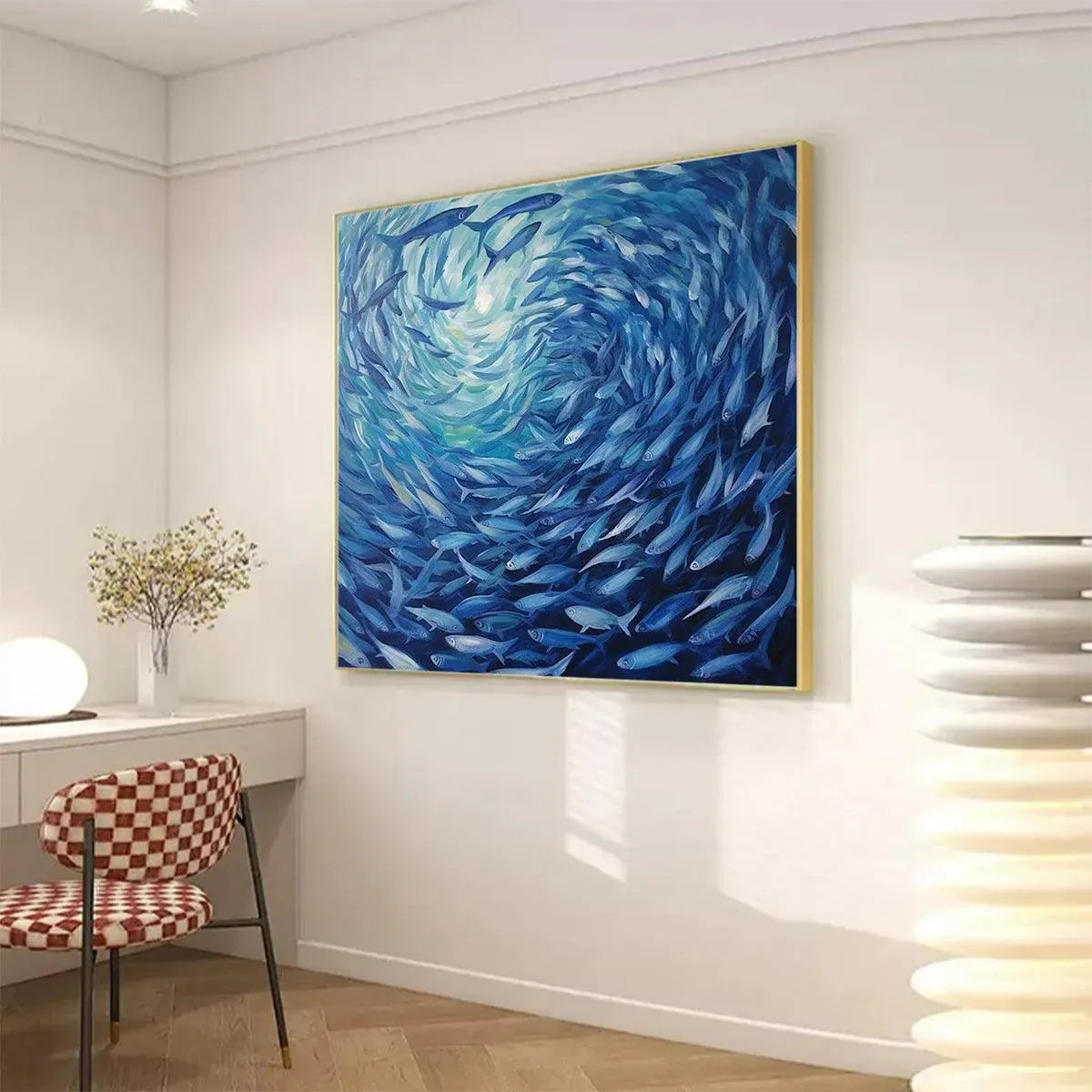 Swirling Blue Fish Painting | Large Textured Ocean Life Art #ZZ 240