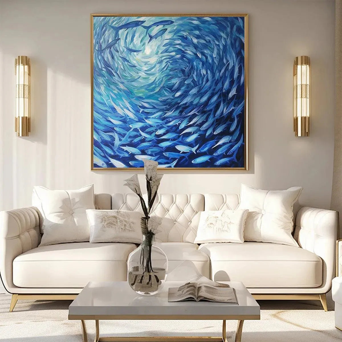 Swirling Blue Fish Painting | Large Textured Ocean Life Art #ZZ 240