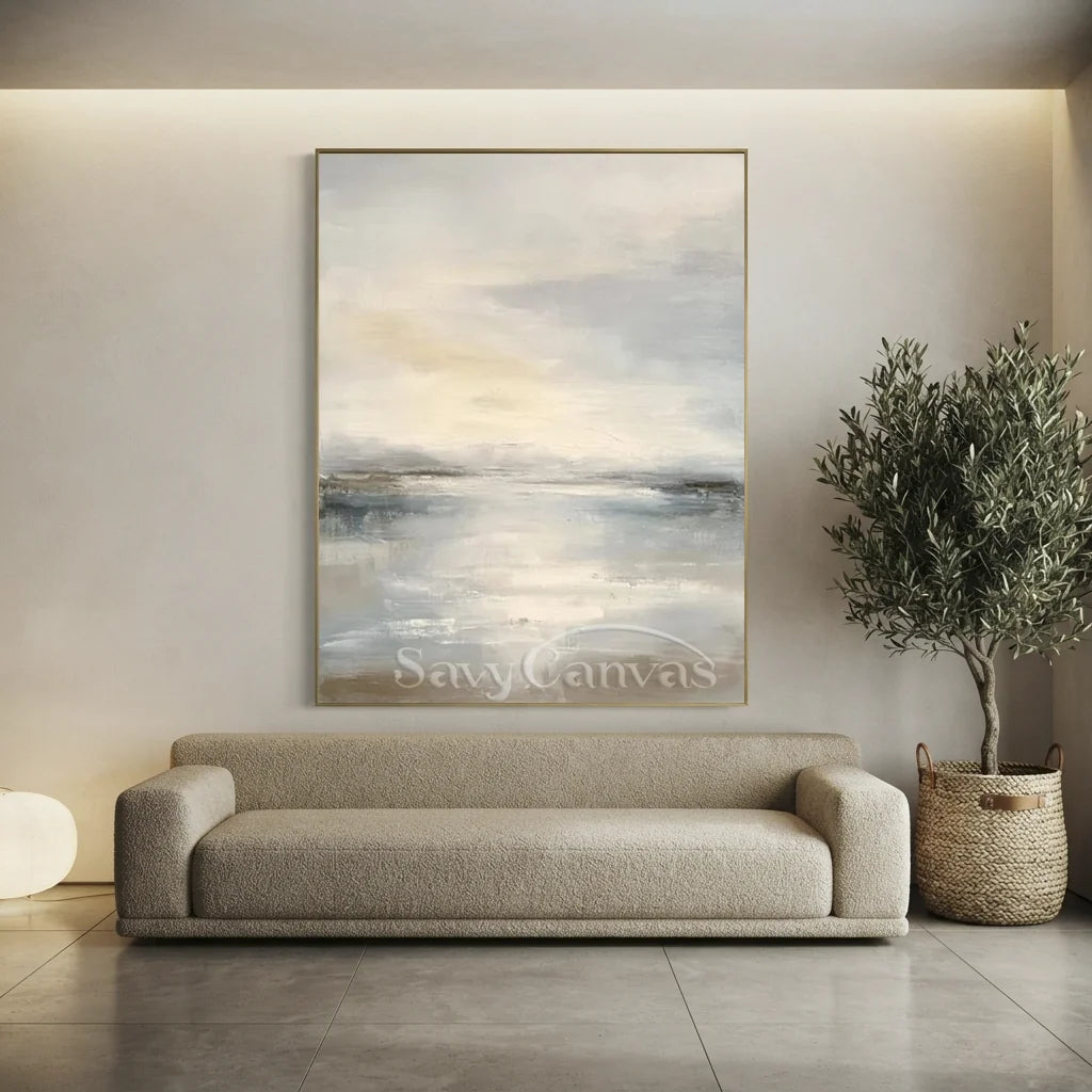Hand-painted impressionist ocean sky seascape oil painting featuring subtle palette knife textures in soft mist grey, pale blue, and warm horizon light for modern home decor
