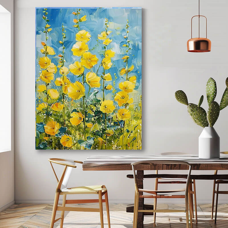 Yellow Hollyhocks Canvas Wall Art | Vertical Floral Garden Print #AA 348