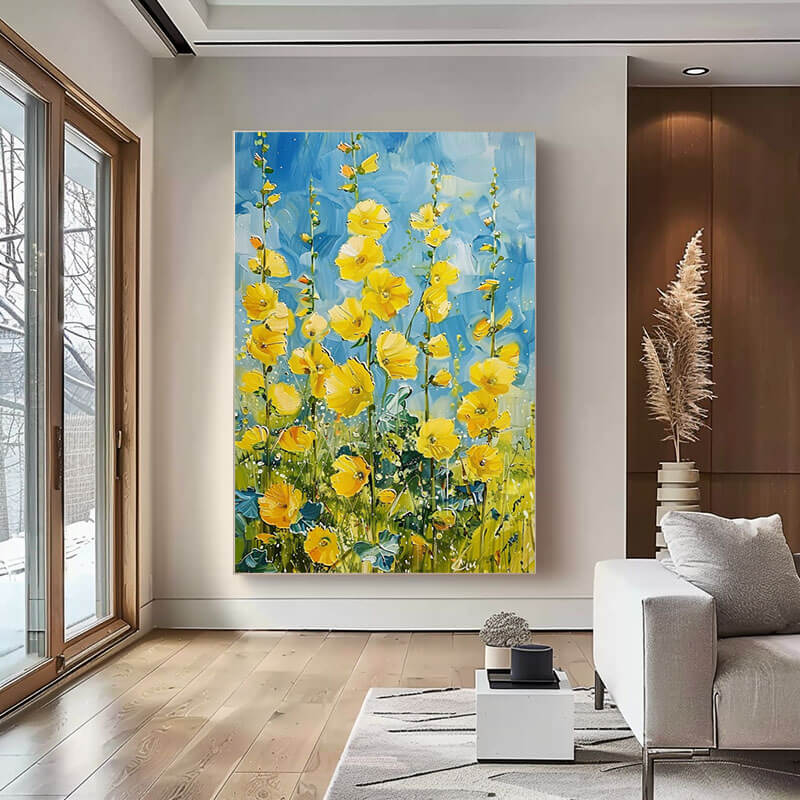 Yellow Hollyhocks Canvas Wall Art | Vertical Floral Garden Print #AA 348