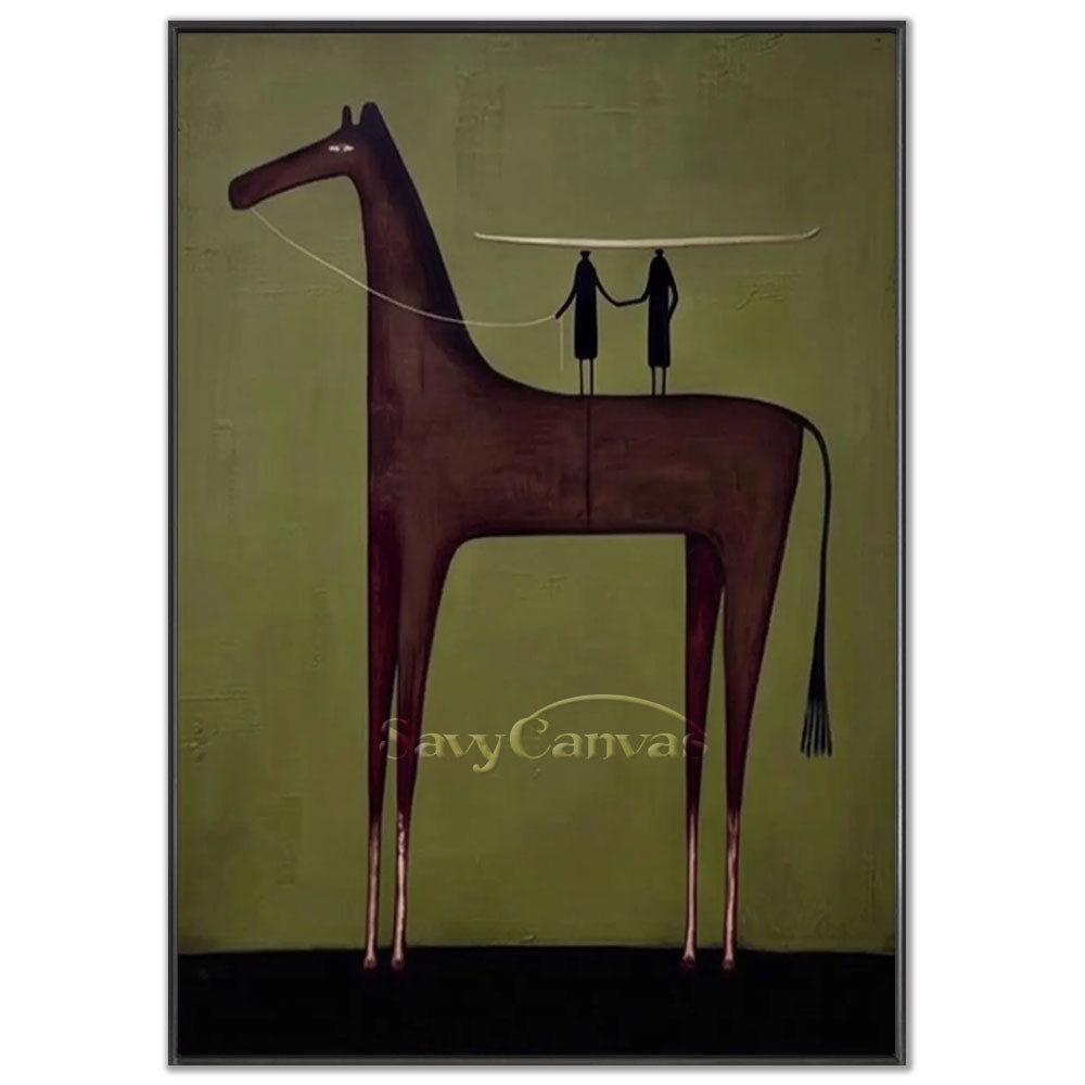 A 100% handmade surrealist abstract oil painting with a heavy textured olive green background, depicting a stylized, deep brown horse silhouette with long legs, with two figures standing on its back carrying a slender boat.