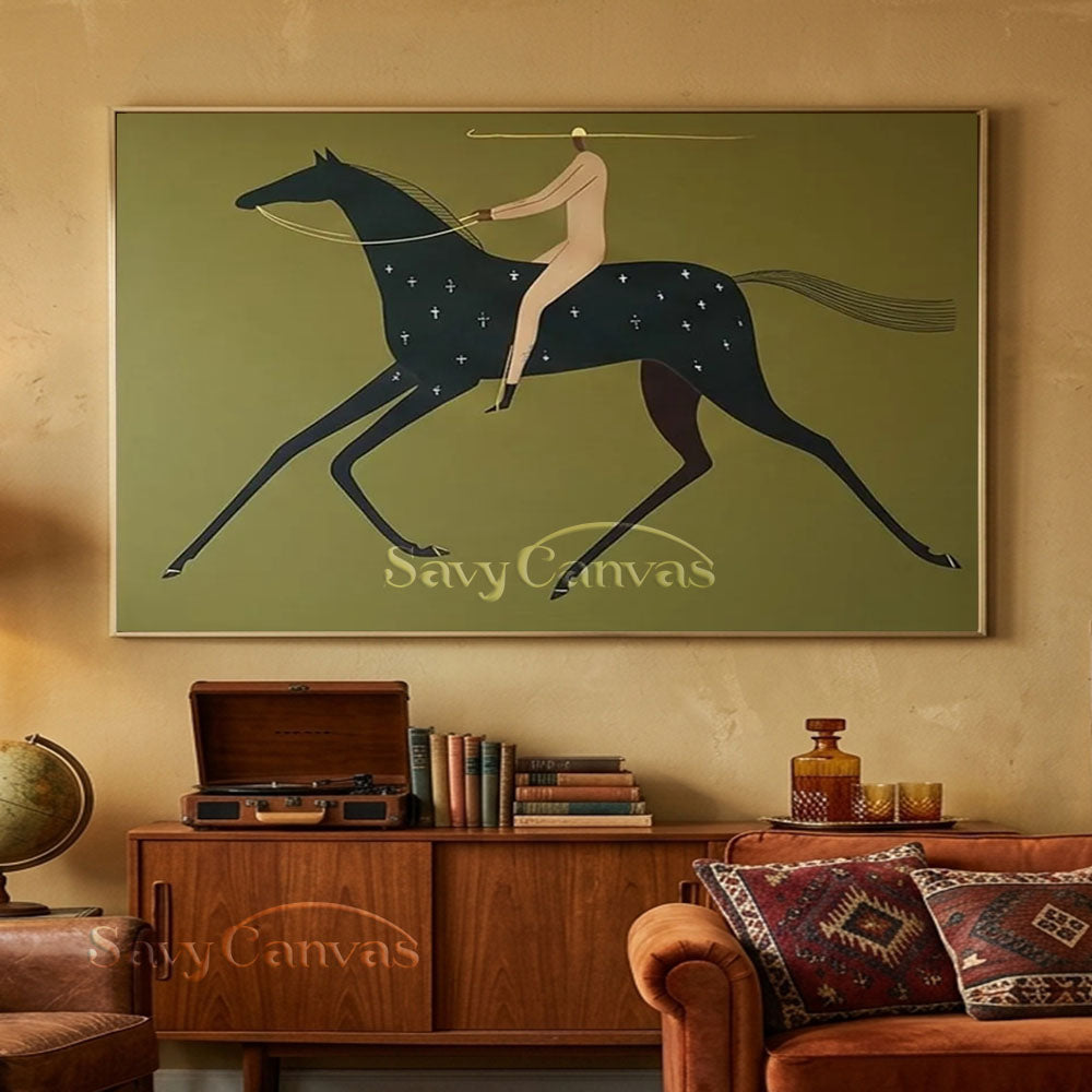Handmade Modern Abstract Equestrian Olive Green Oil Painting #ZC 025