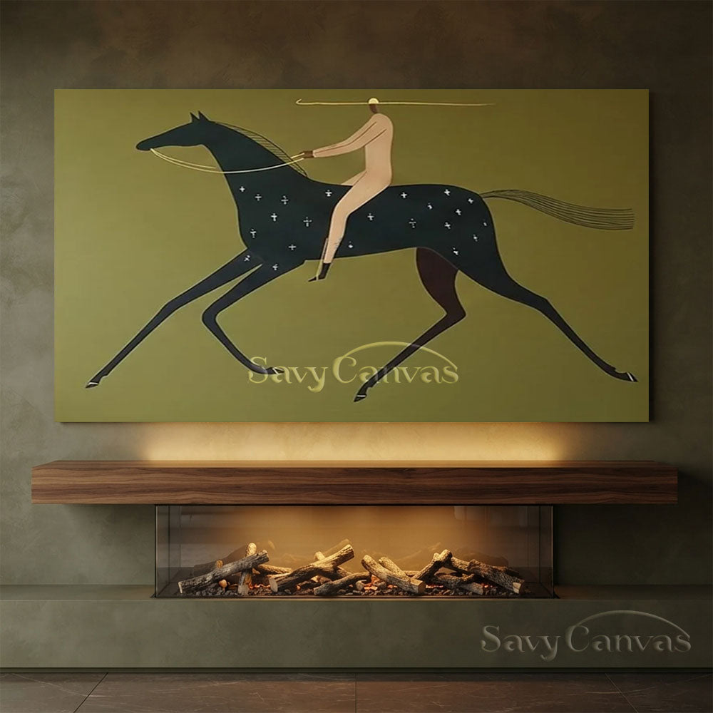 Handmade Modern Abstract Equestrian Olive Green Oil Painting #ZC 025