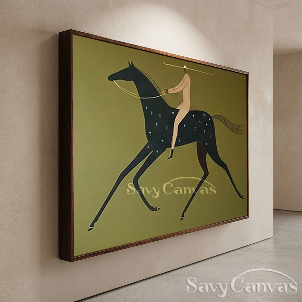 Handmade Modern Abstract Equestrian Olive Green Oil Painting #ZC 025