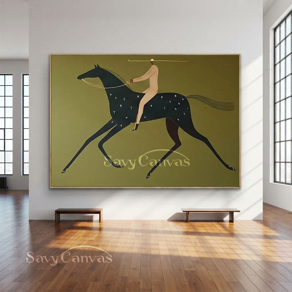 Handmade Modern Abstract Equestrian Olive Green Oil Painting #ZC 025