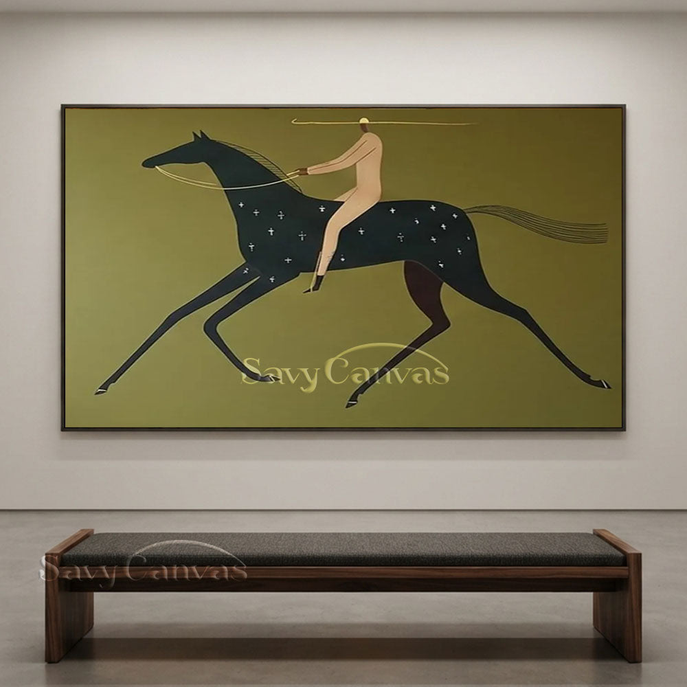 Handmade Modern Abstract Equestrian Olive Green Oil Painting #ZC 025