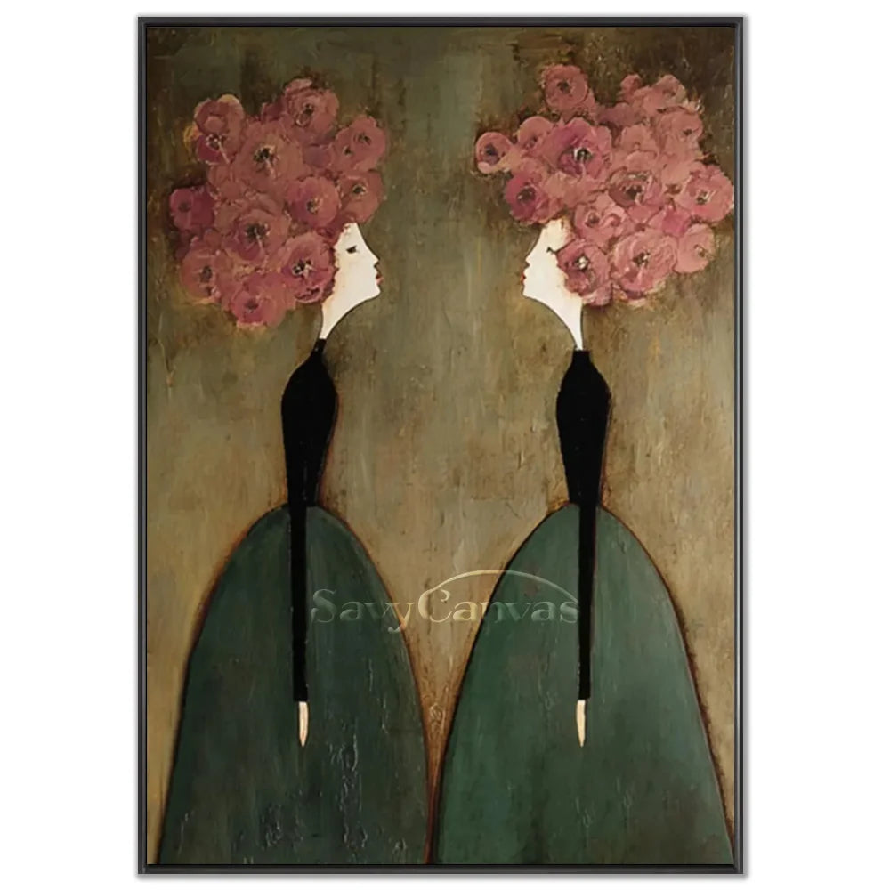 Hand-painted abstract expressionist oil painting featuring two chic ladies with pink floral cloud heads in dark bodices and olive-green gowns against a textured background by Savy Canvas.