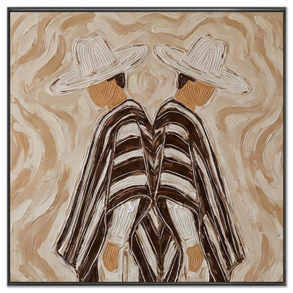High-quality handmade abstract modern oil painting depicting two symmetrical cowboys in wide-brimmed hats and striped brown ponchos, rendered in heavy textured impasto swirls.