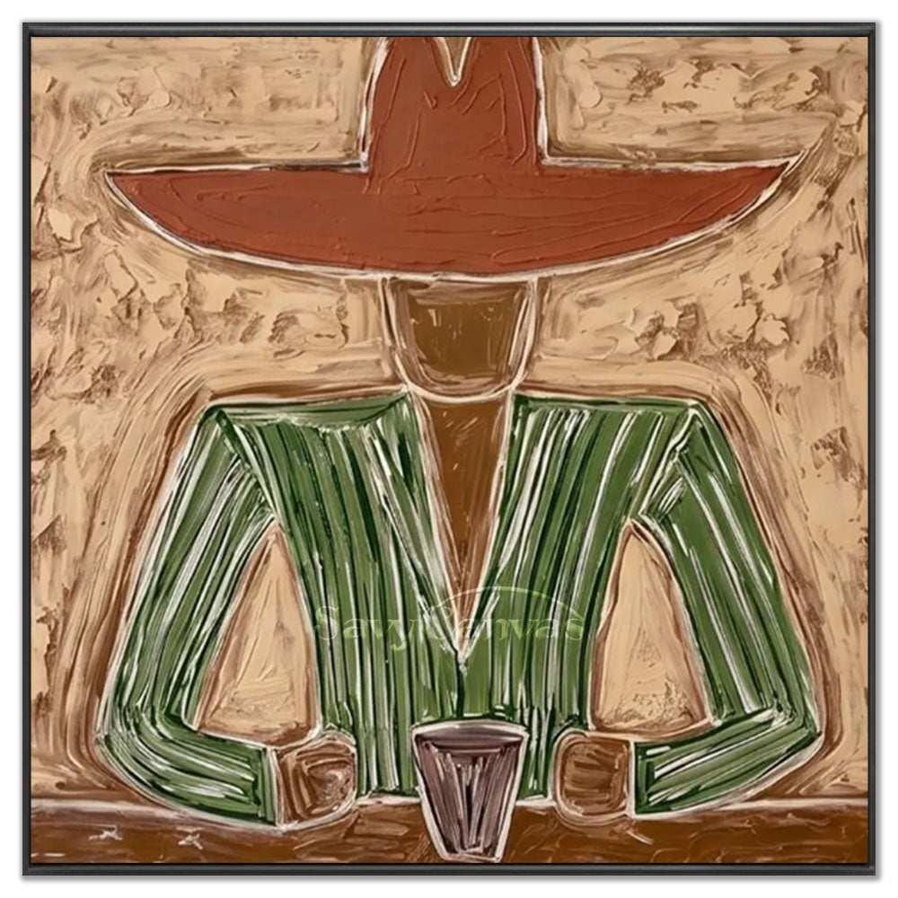 High-quality handmade abstract oil painting showing a cowboy figure in a green pinstripe jacket and large terracotta hat, styled with thick textured impasto lines.
