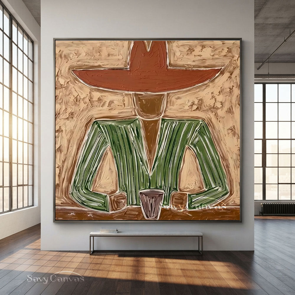 Handmade Modern Abstract Cowboy Portrait Brown Oil Painting #ZC 007