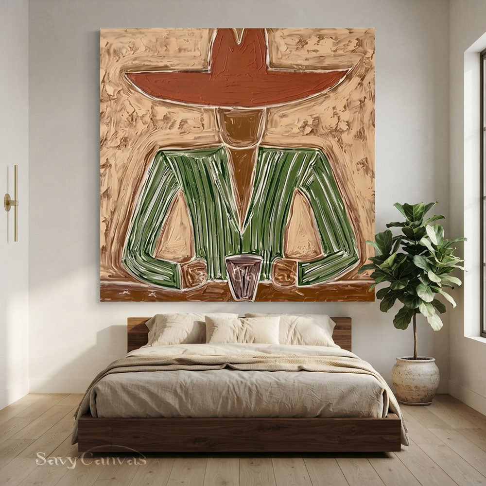 Handmade Modern Abstract Cowboy Portrait Brown Oil Painting #ZC 007