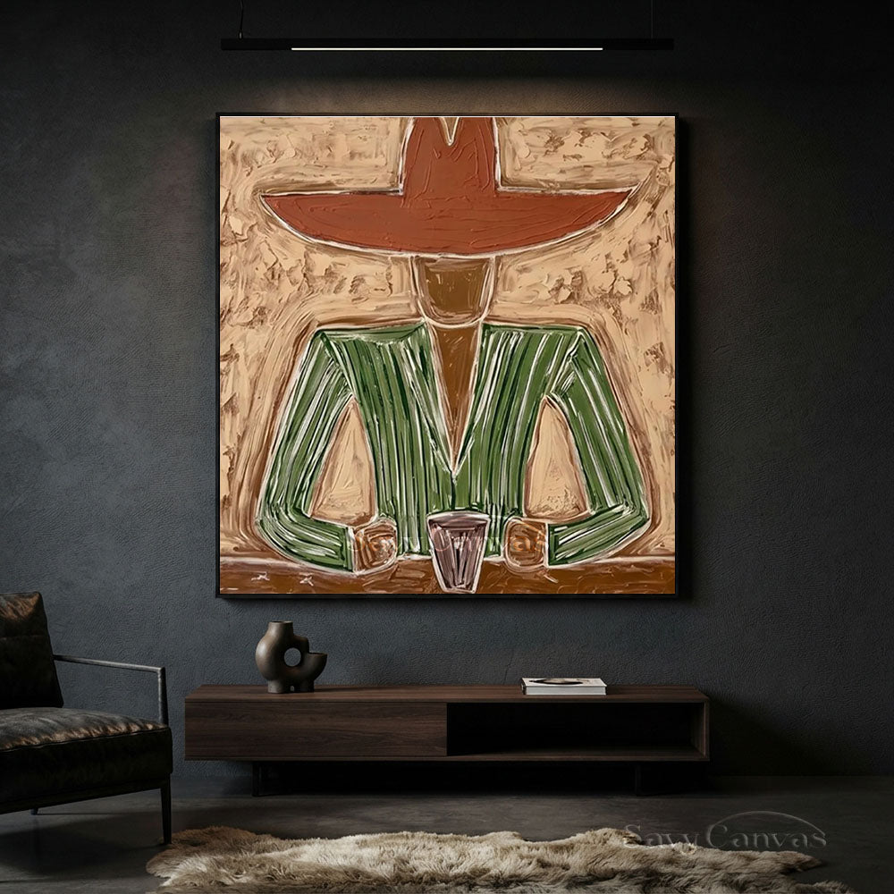 Handmade Modern Abstract Cowboy Portrait Brown Oil Painting #ZC 007