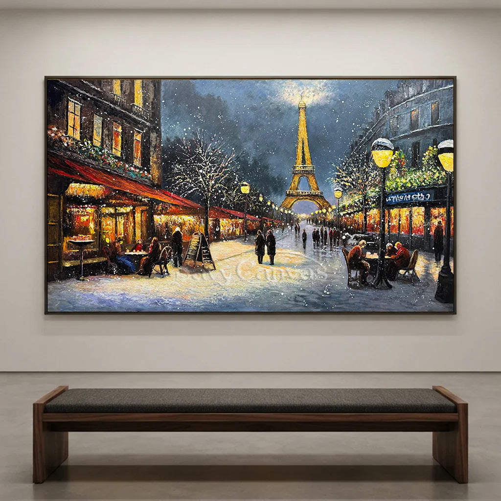 Paris Winter Night Snow Painting, Modern Romantic City #TB 081
