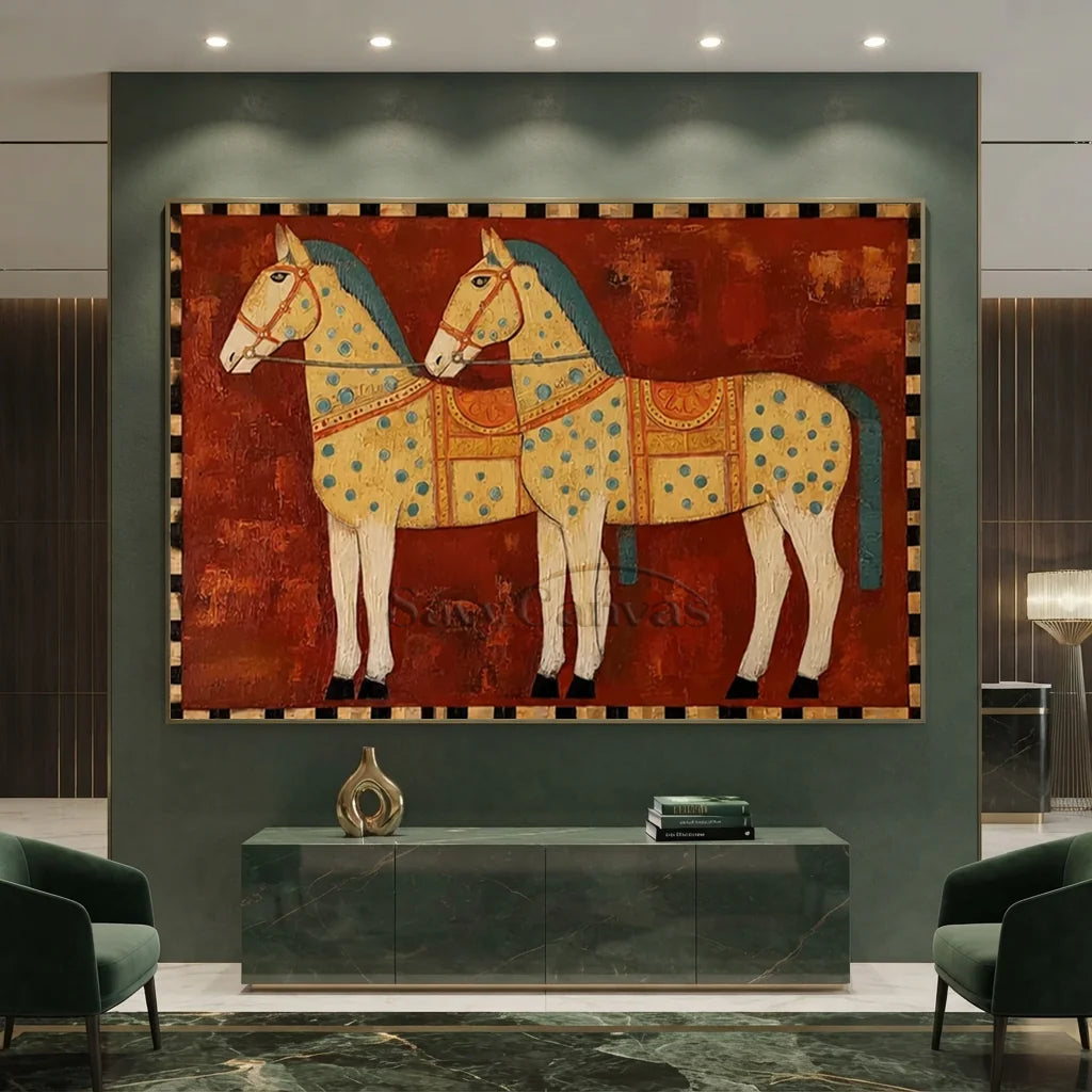 Handcrafted expressionist panoramic oil painting in a black frame featuring a pair of patterned horses in rich red and earth tones, ideal for modern living room or hotel wall decor.