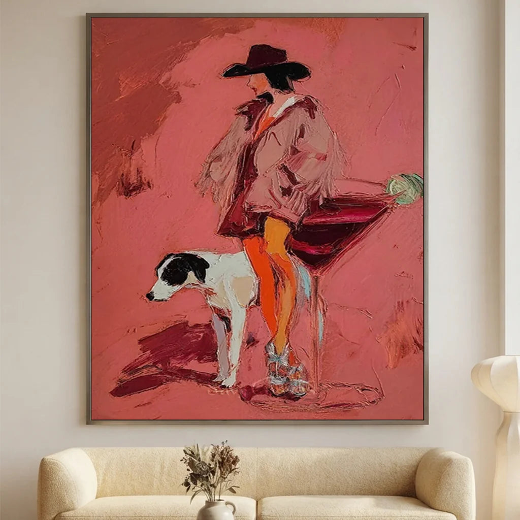 100% handmade surrealism oil painting in vibrant pink tones featuring a stylish cowgirl and dog, framed in a sleek black border by Savy Canvas.