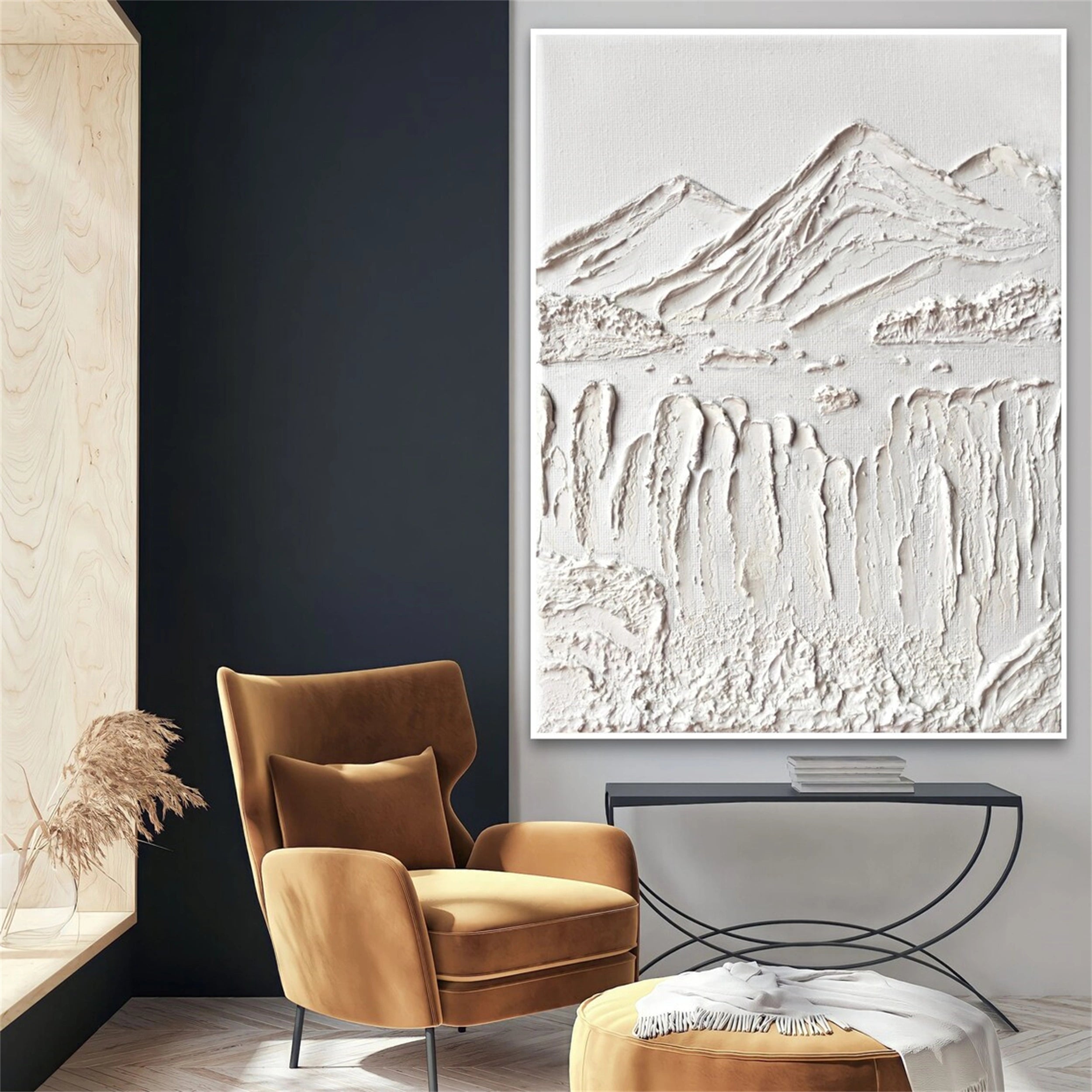 Contemporary White Plaster Art - Hand-Crafted Abstract Mountain #JJ 361