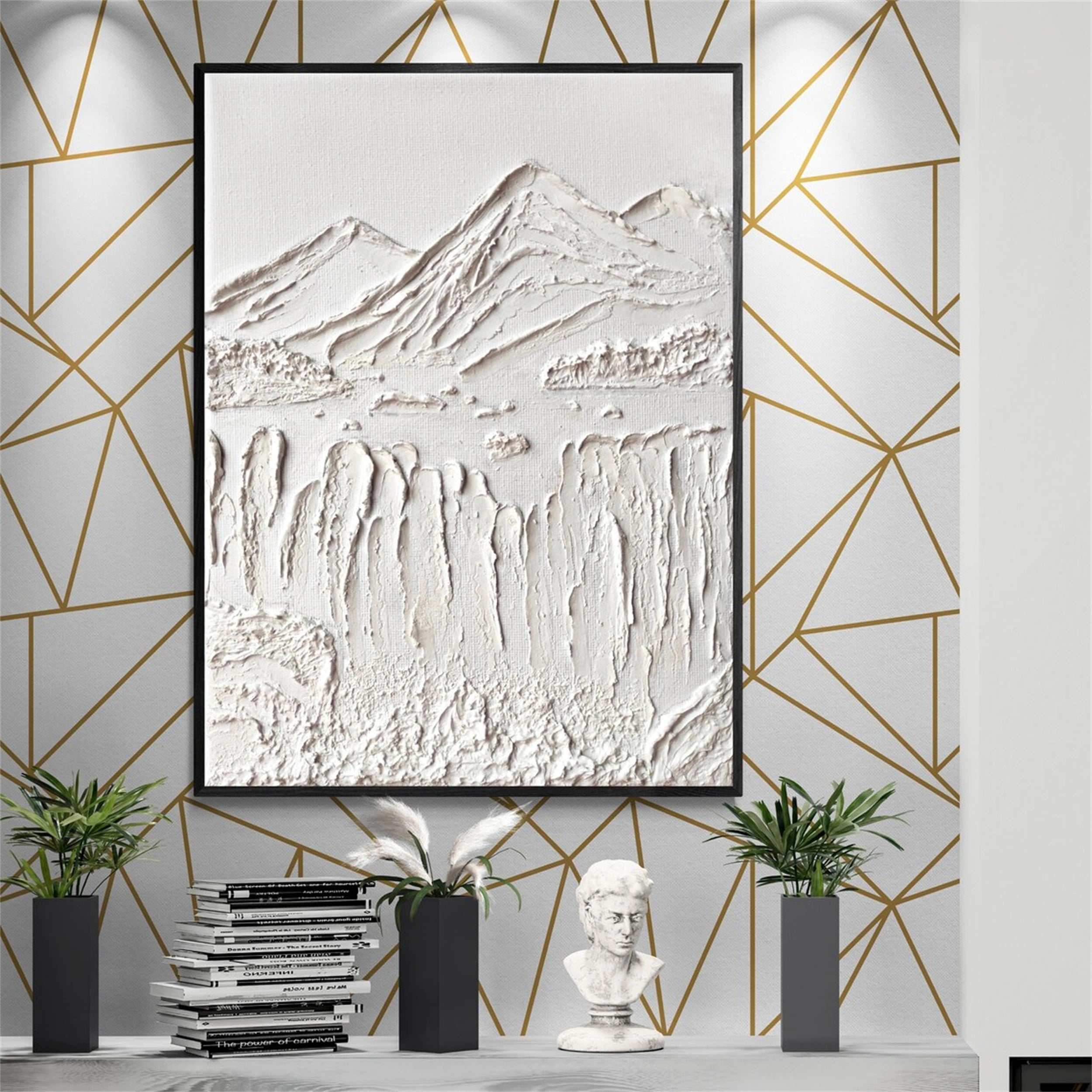 Contemporary White Plaster Art - Hand-Crafted Abstract Mountain #JJ 361