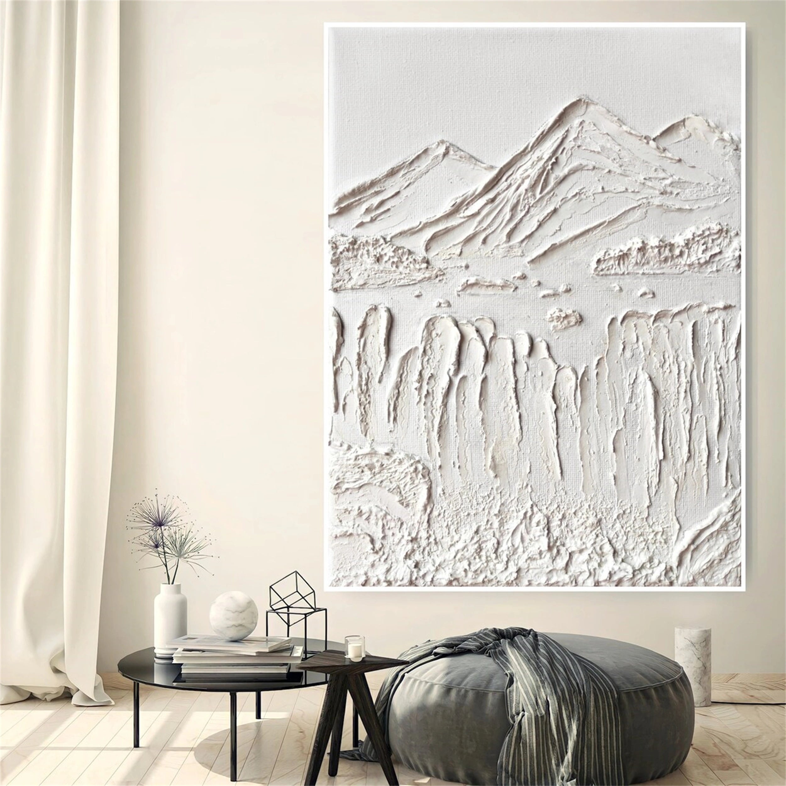 Contemporary White Plaster Art - Hand-Crafted Abstract Mountain #JJ 361