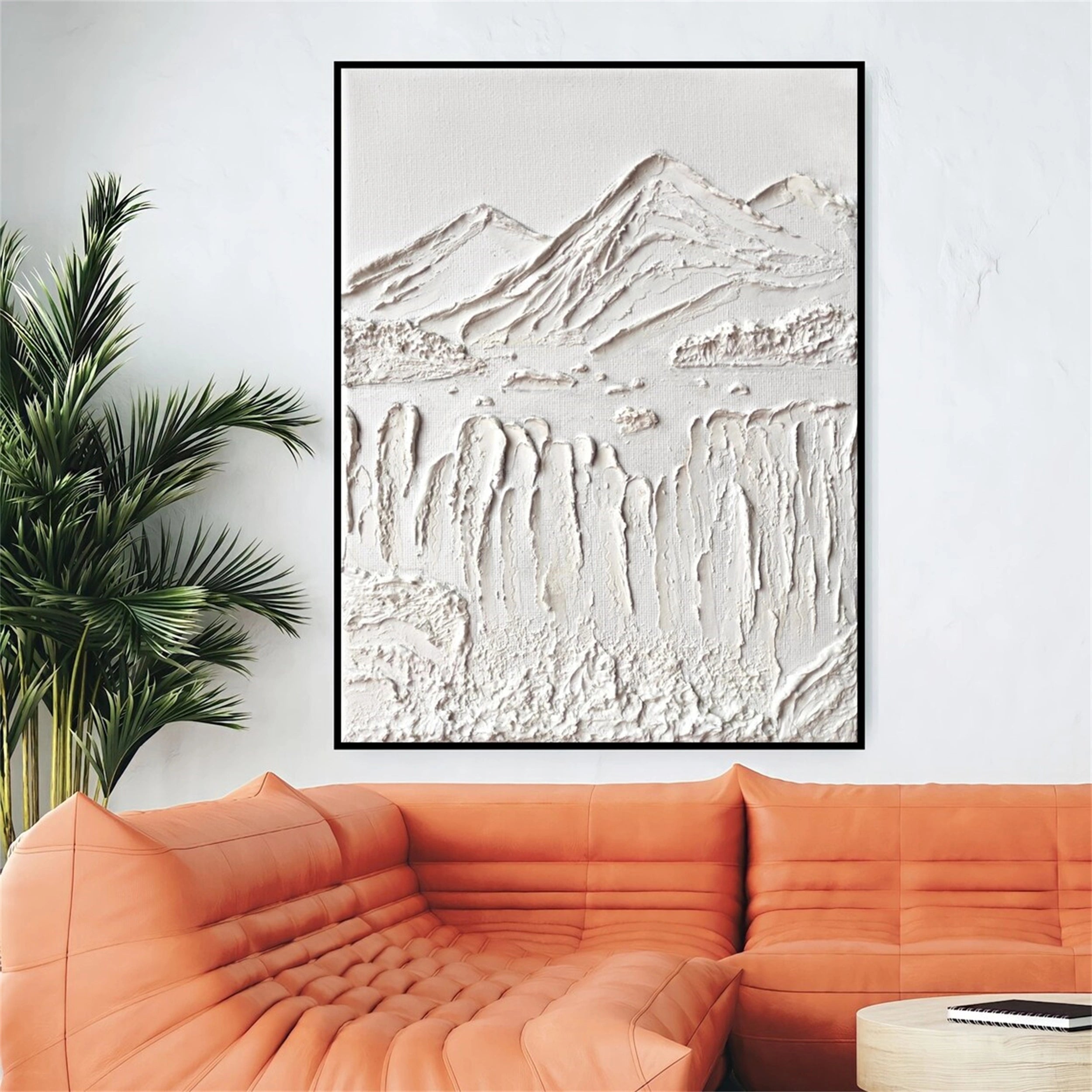 Contemporary White Plaster Art - Hand-Crafted Abstract Mountain #JJ 361