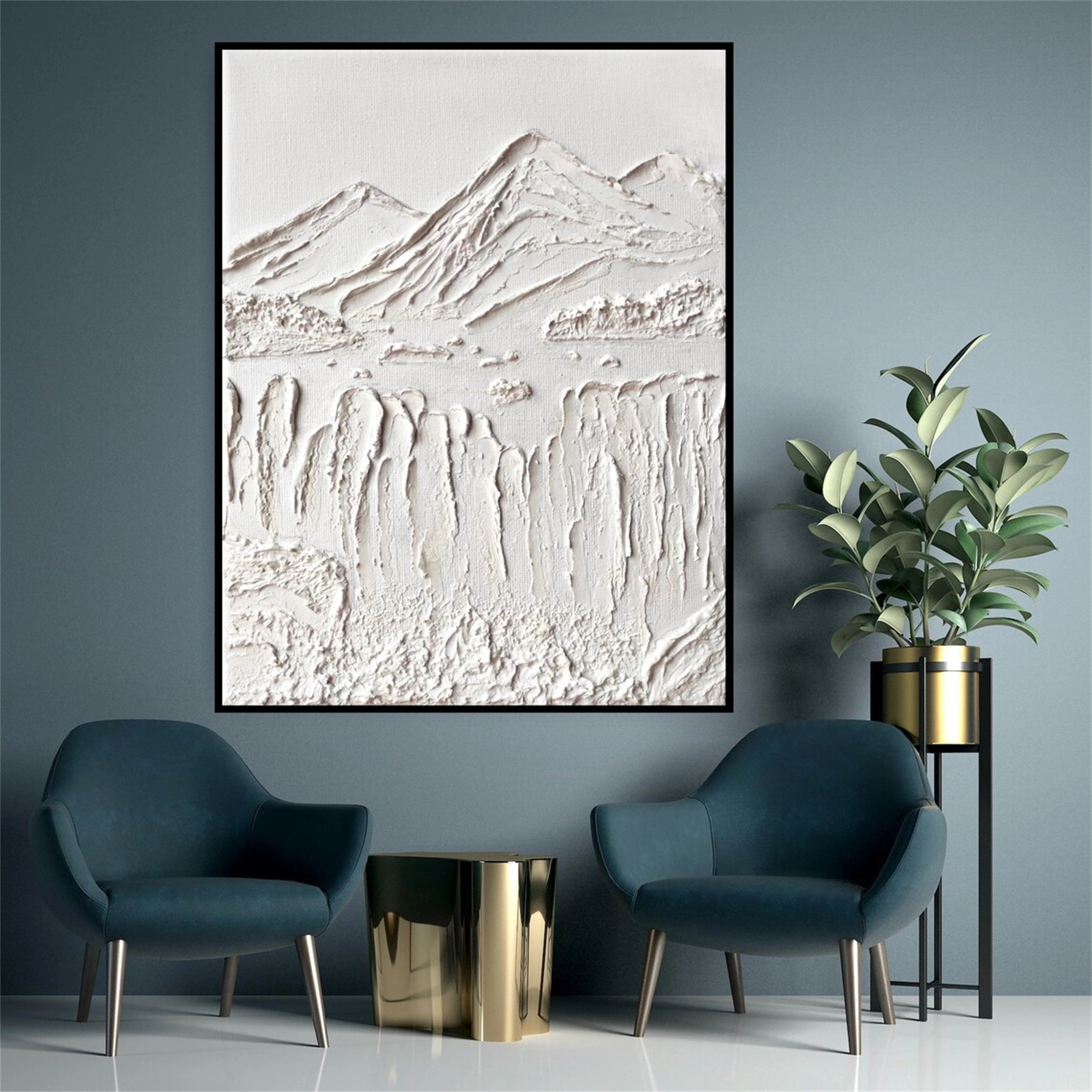 Contemporary White Plaster Art - Hand-Crafted Abstract Mountain #JJ 361