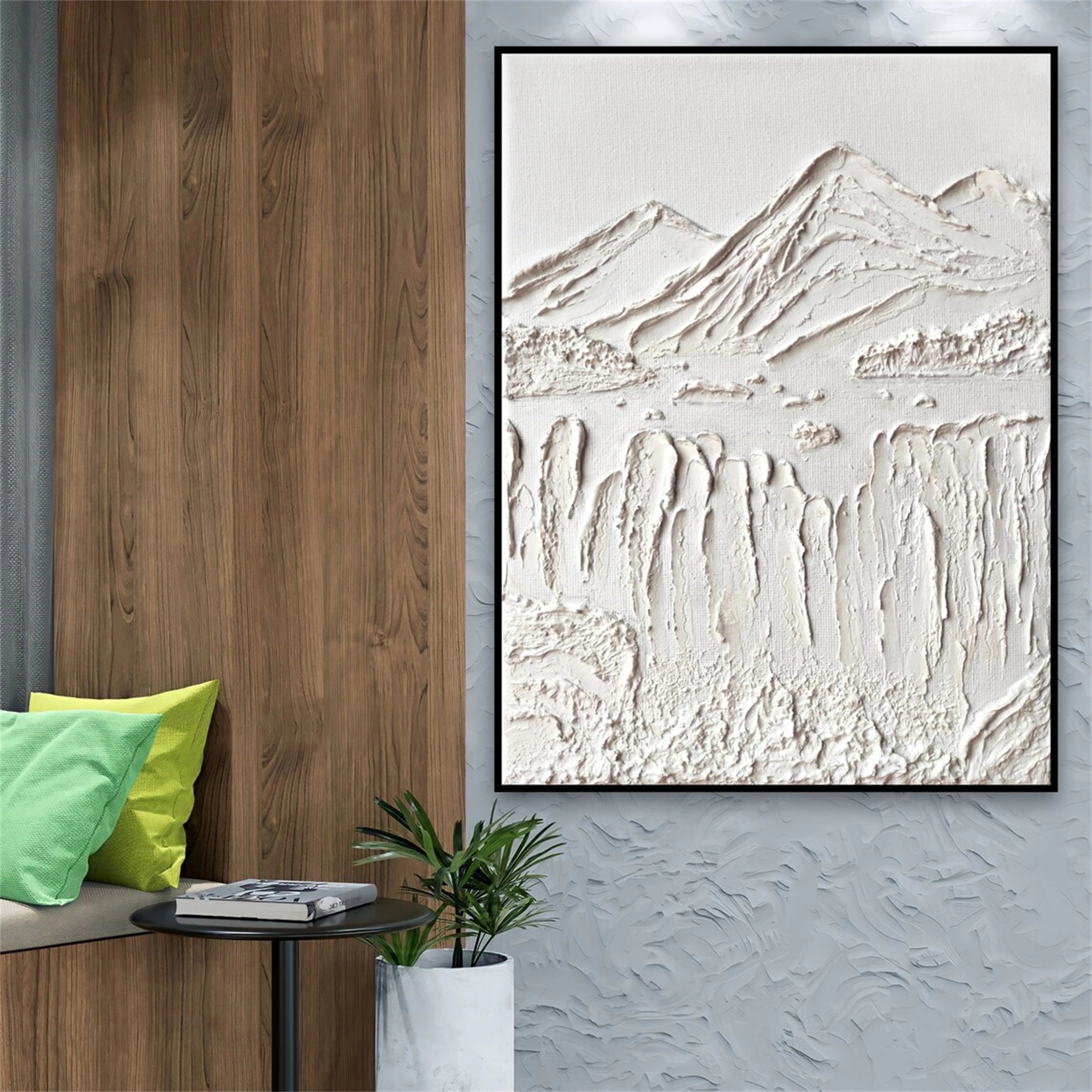 Contemporary White Plaster Art - Hand-Crafted Abstract Mountain #JJ 361