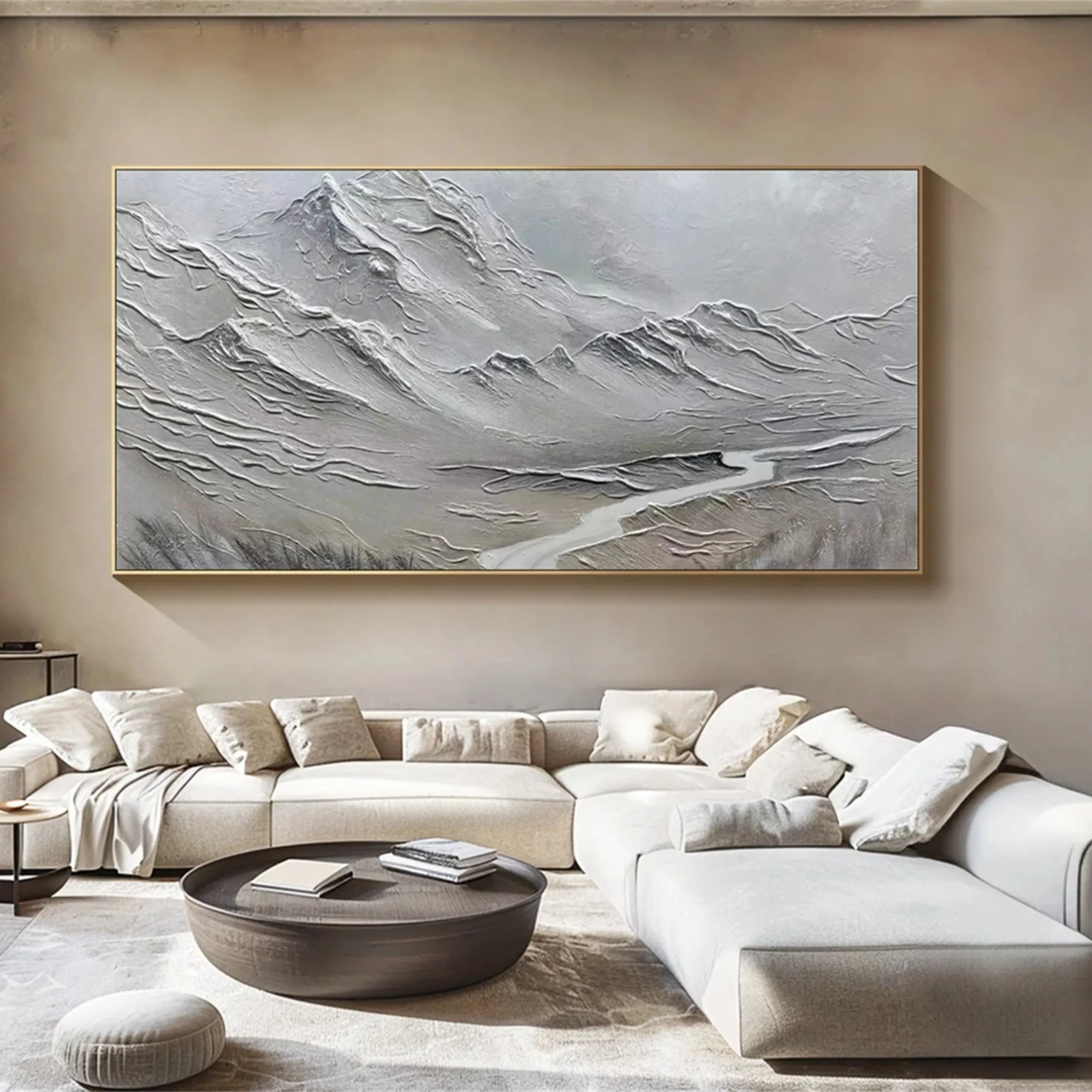 Modern Textured Mountain Valley Art - Grey & White Canvas