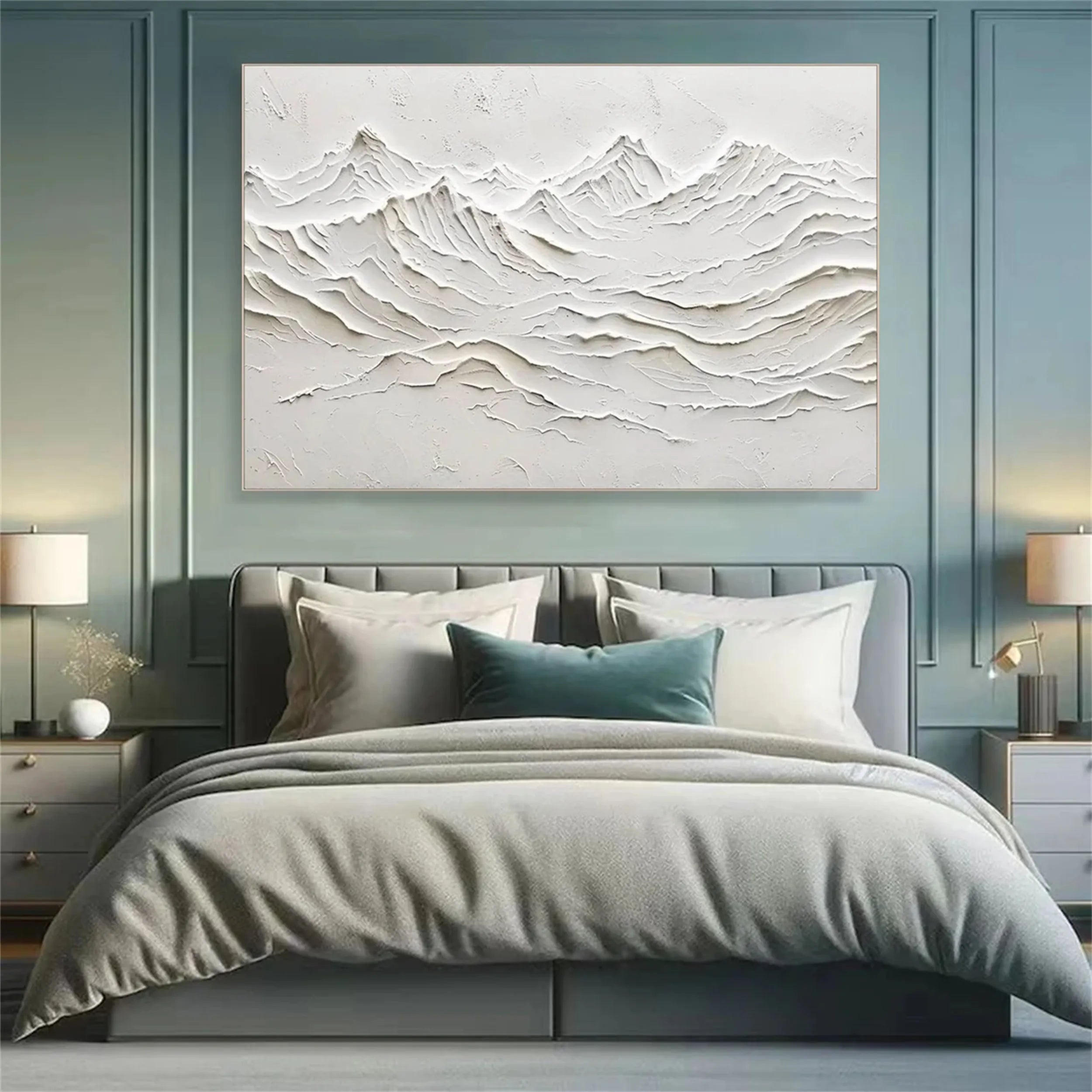 Horizontal White Abstract Art for Above Bed Decor