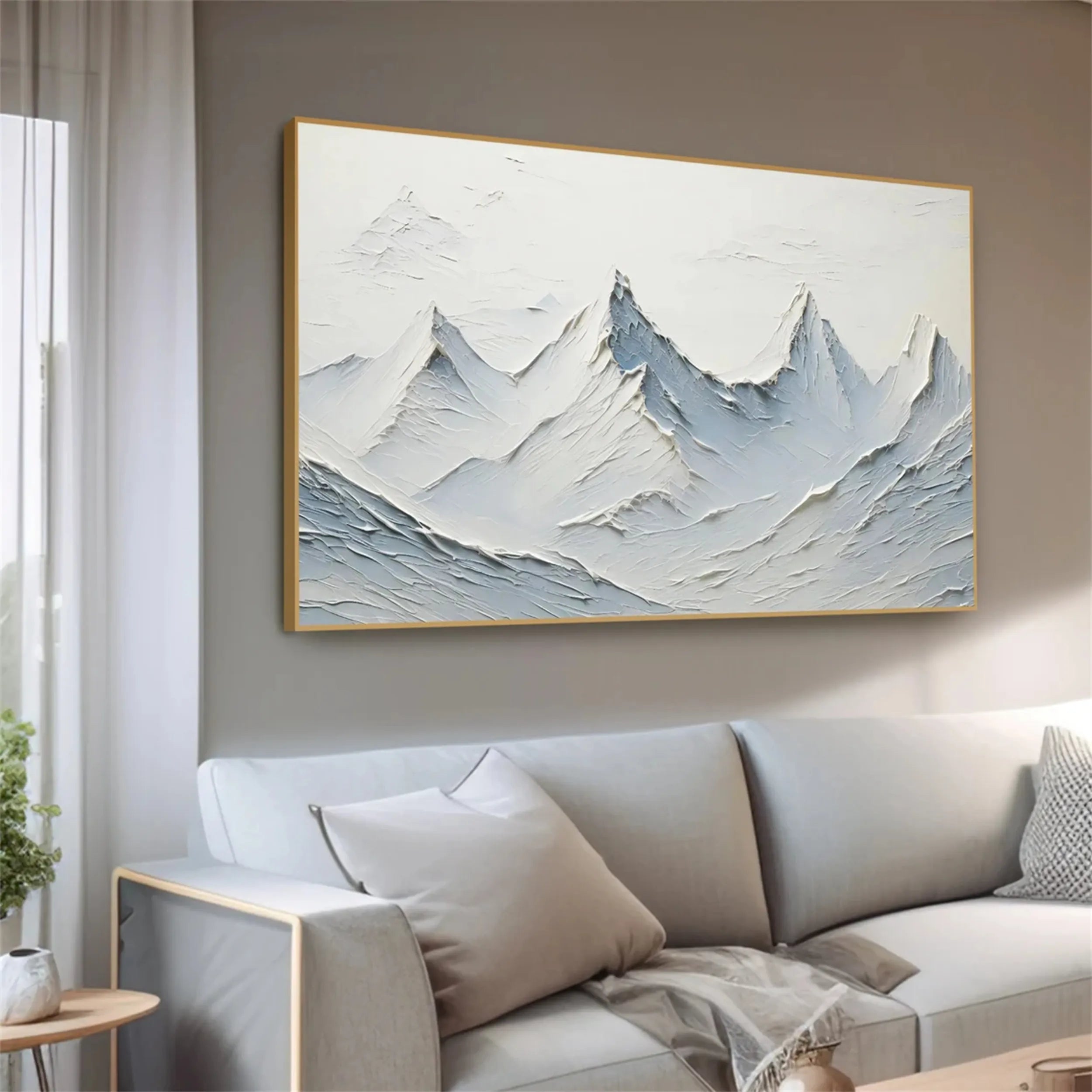 Icy Blue & White Mountain Art - Textured Horizontal Canvas #JJ 378
