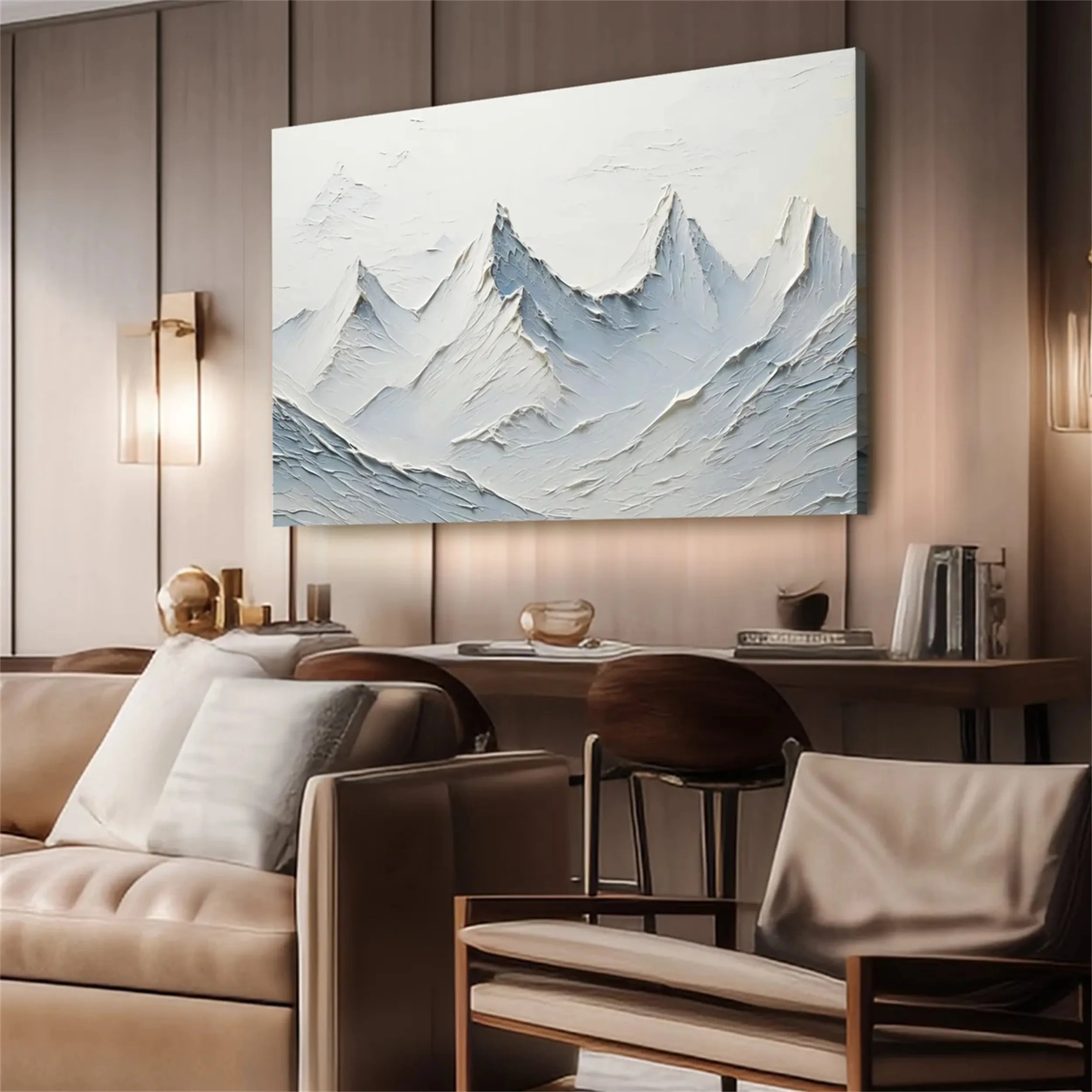 Icy Blue & White Mountain Art - Textured Horizontal Canvas #JJ 378