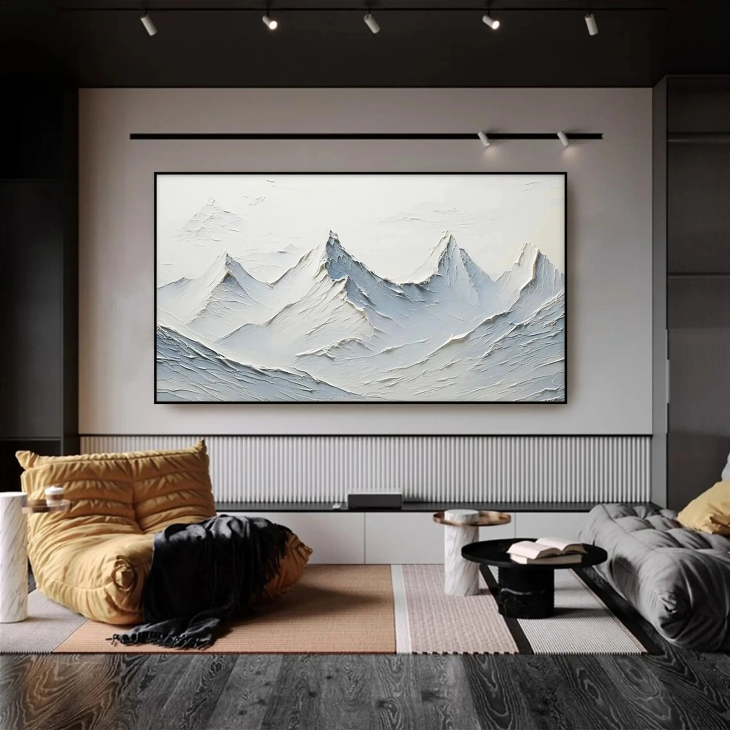 Icy Blue & White Mountain Art - Textured Horizontal Canvas #JJ 378